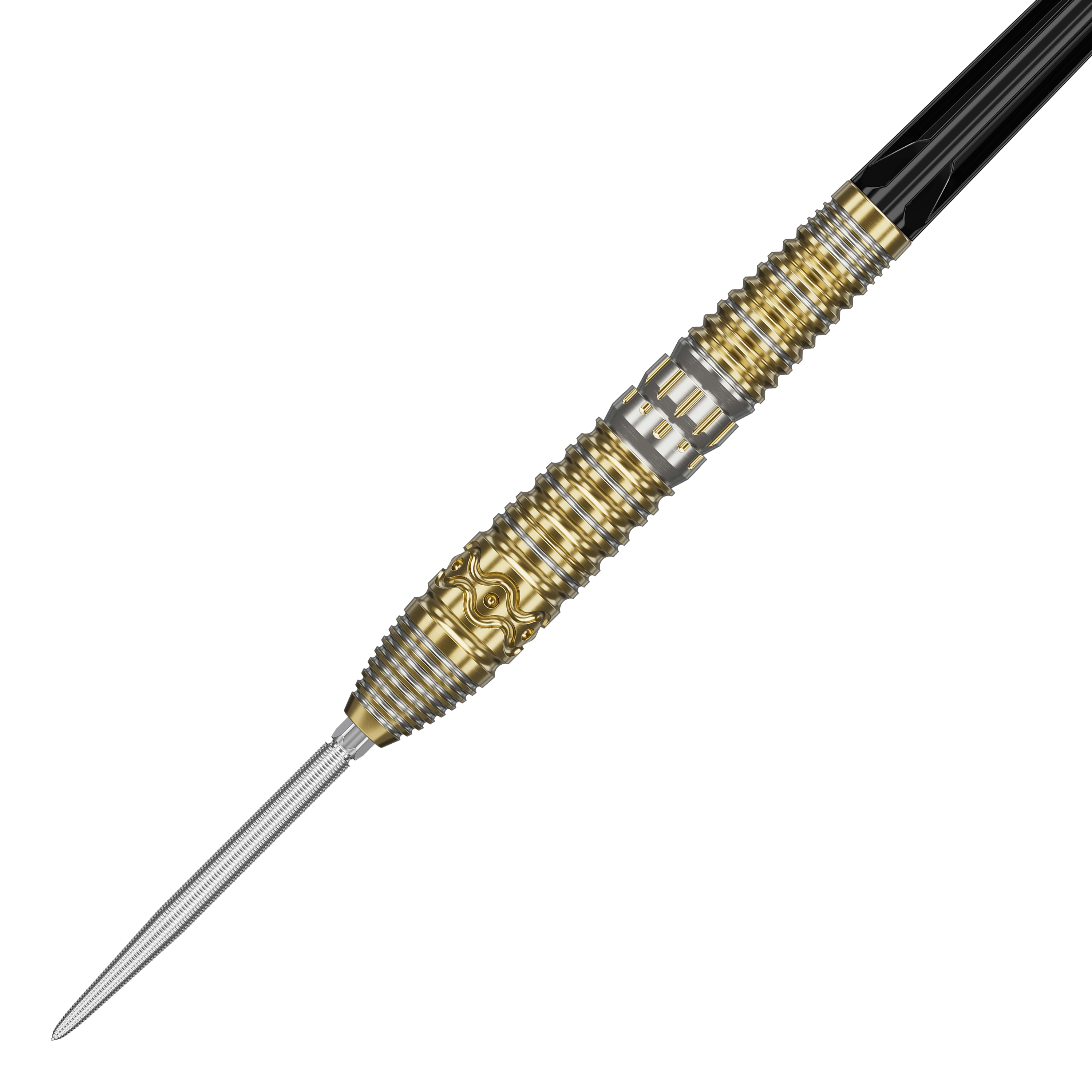 Dardos de acero Target Japan Hot Shot GEN2 - 23 g Das Bild zeigt einen Target Japan Hot Shot GEN2 Steeldart mit einem Gewicht von 23g. Der Steeldart hat ein auffälliges Design mit goldenen und silbernen Rillen und Mustern am Barrel.