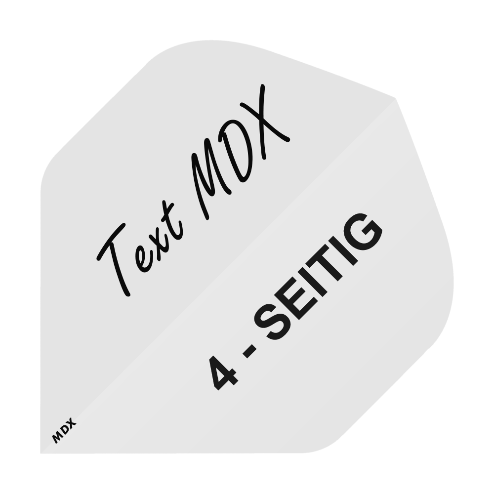 4-Seitig_Bedruckte_Flights_Wunschtext_MDX_Weiss_Standard_1 Das Bild zeigt einen weißen Dartflight mit der Aufschrift "Text MDX" und "4-SEITIG". Es handelt sich um ein Produkt, bei dem der Text individuell wählbar ist.