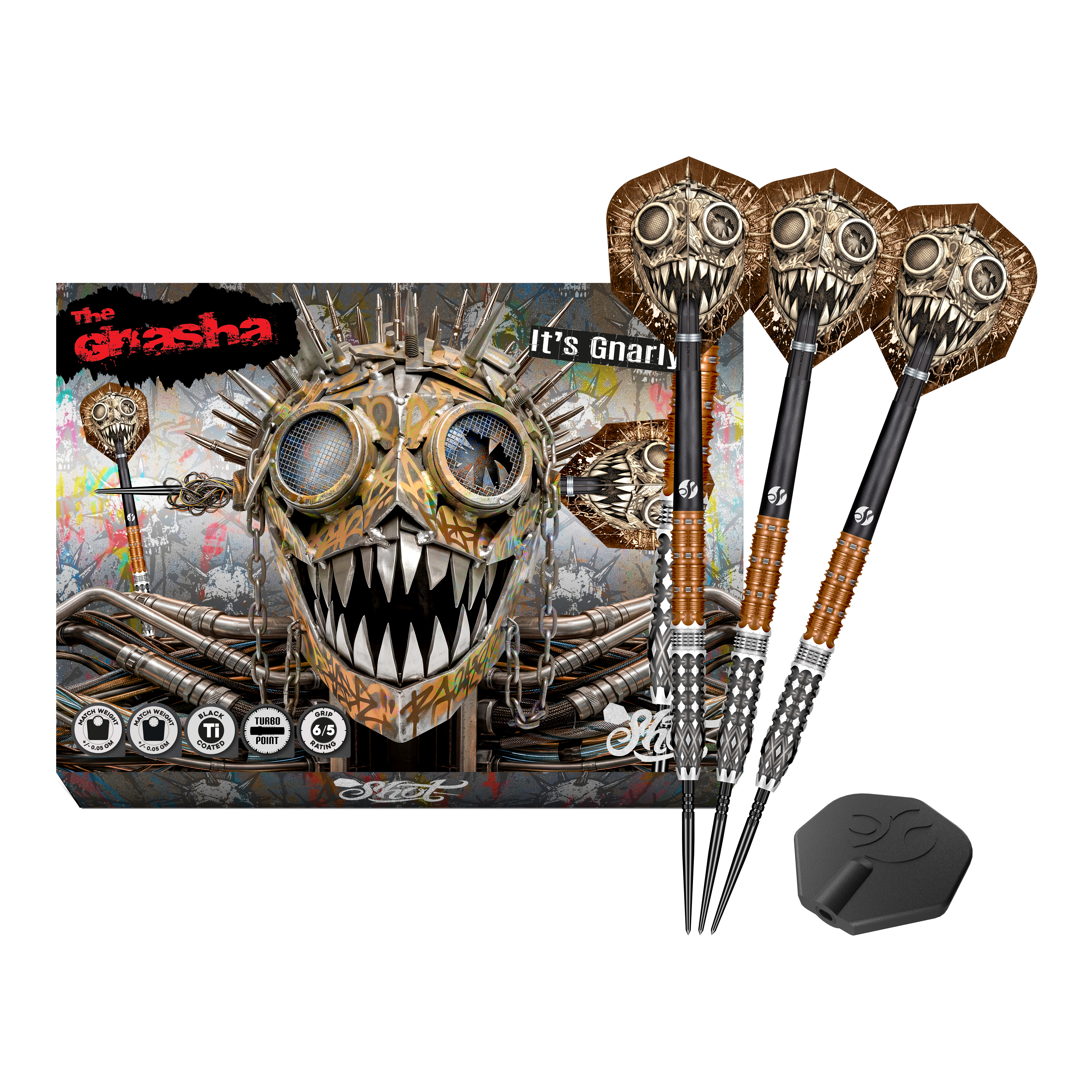 Dardos de acero Shot Gnarly Gnasha Turbo Point - 23 g Dieses Bild stellt die Shot Gnarly Gnasha Turbo Point Steeldarts mit 23g vollständig dar. Das Set ist ideal für Dart-Liebhaber.