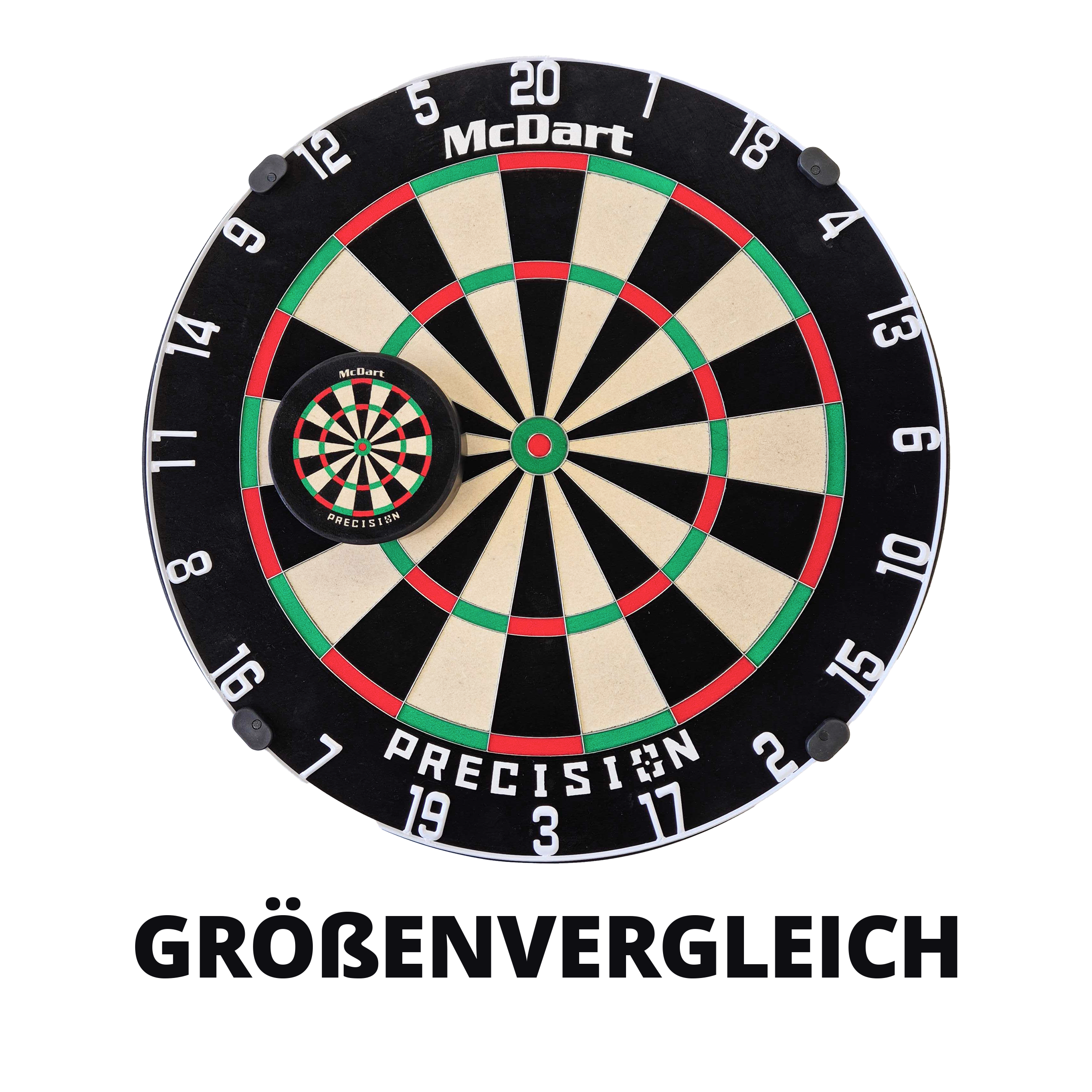 Porta dardos McDart Precision Mini Das Bild zeigt zwei McDart Präzisions-Dartscheiben in unterschiedlichen Größen übereinandergelegt. Im Vordergrund ist eine kleine Mini-Dartscheibe auf einer großen Dartscheibe zu sehen.
