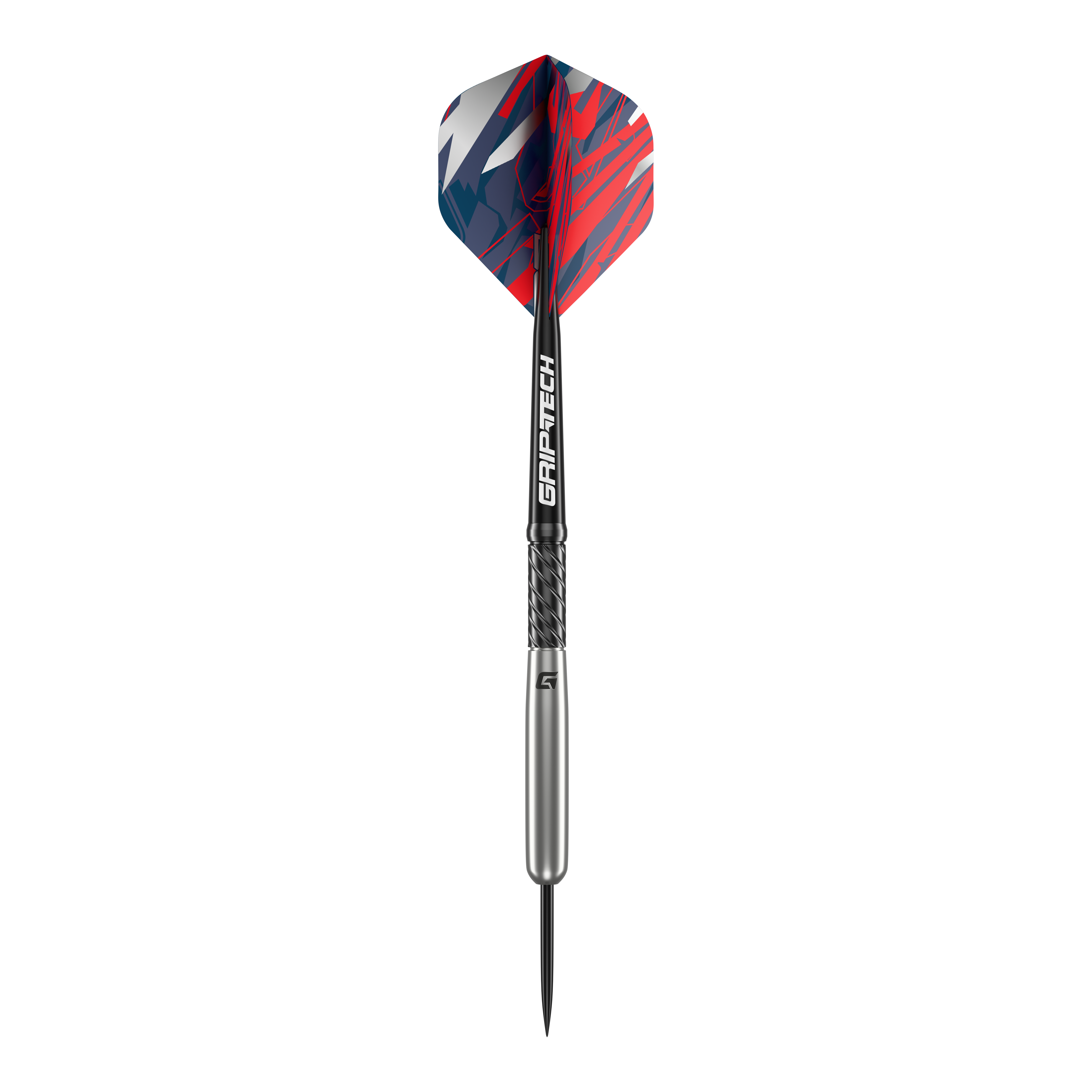 Dardos de béisbol de acero de tungsteno GOAT Homerun Das Bild zeigt den GOAT Homerun Baseball Tungsten Steeldart. Der Dart hat auffällige Flights in Rot, Blau und Weiß sowie einen silbernen Schaft mit der Aufschrift "GRIP-TECH".