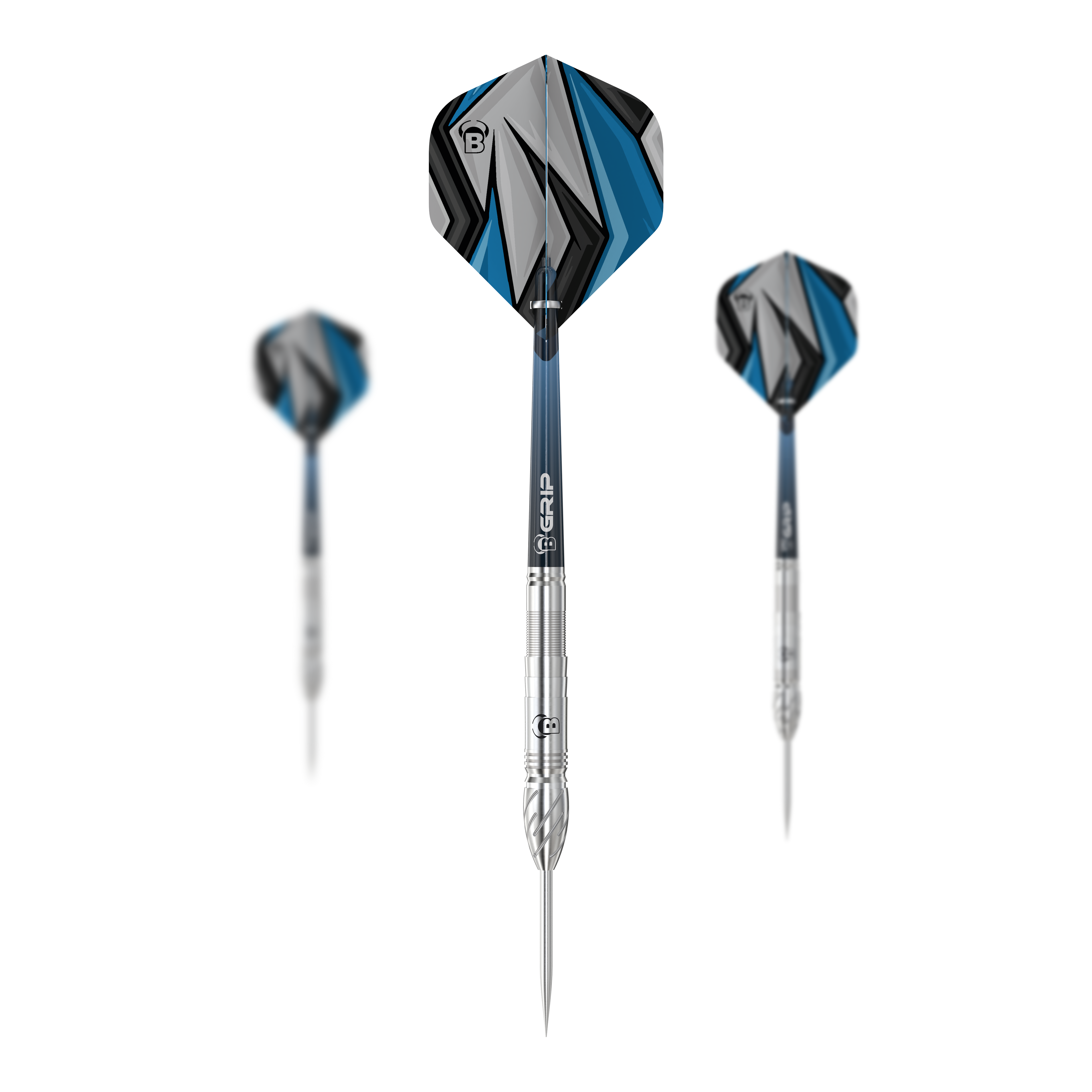 Dardos de acero Bulls Stone S1 Das Bild zeigt drei Steeldarts des Modells "Bulls Stone S1". Die Darts haben silberne Spitzen und Schäfte mit blau-grau-schwarzen Flights.