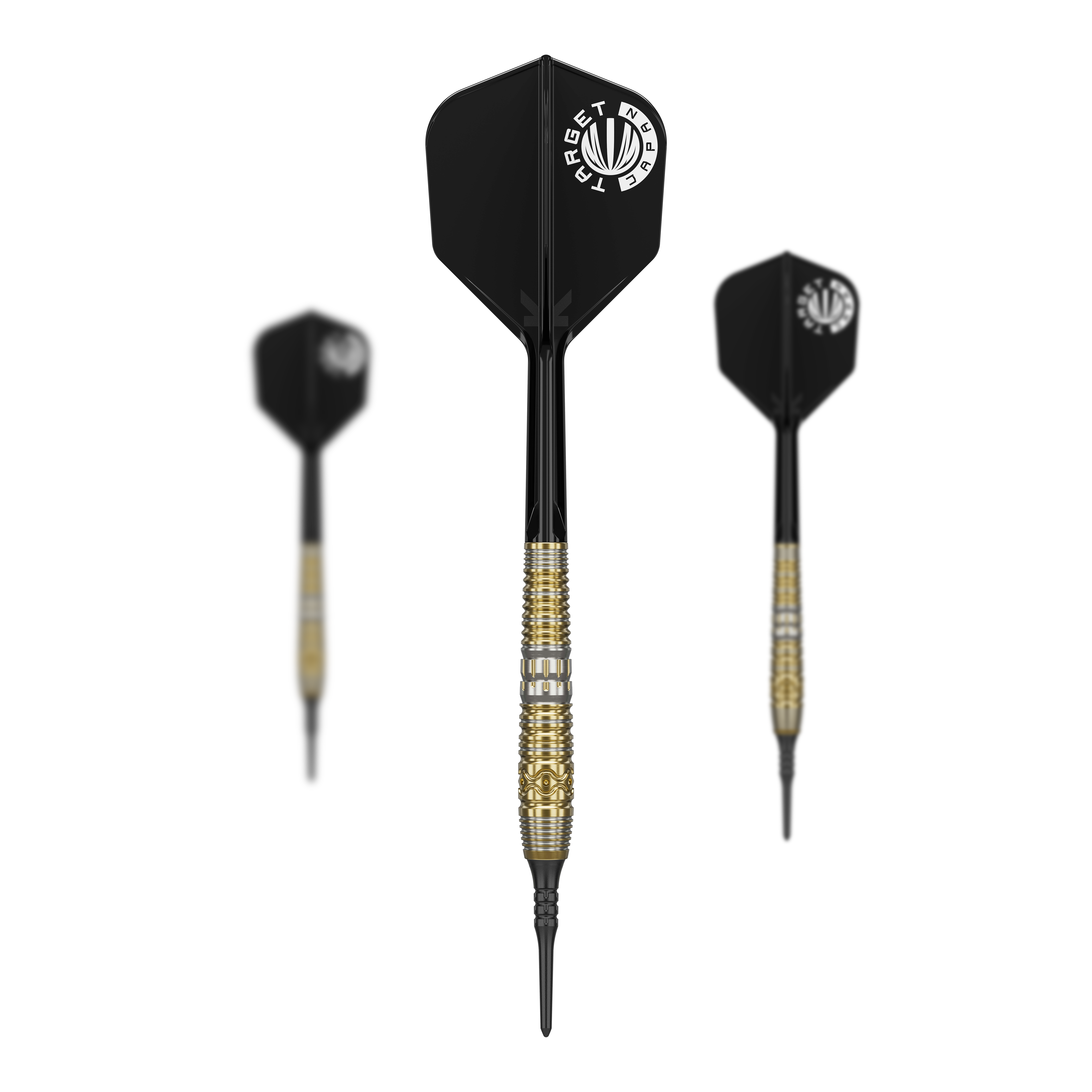 Dardos blandos Target Japan Hot Shot GEN2 - 19 g Auf dem Bild sind drei Softdarts des Produkts "Target Japan Hot Shot GEN2 Softdarts - 19g" zu sehen. Die Darts haben schwarze Flights und goldene Griffe mit feinen Gravuren.