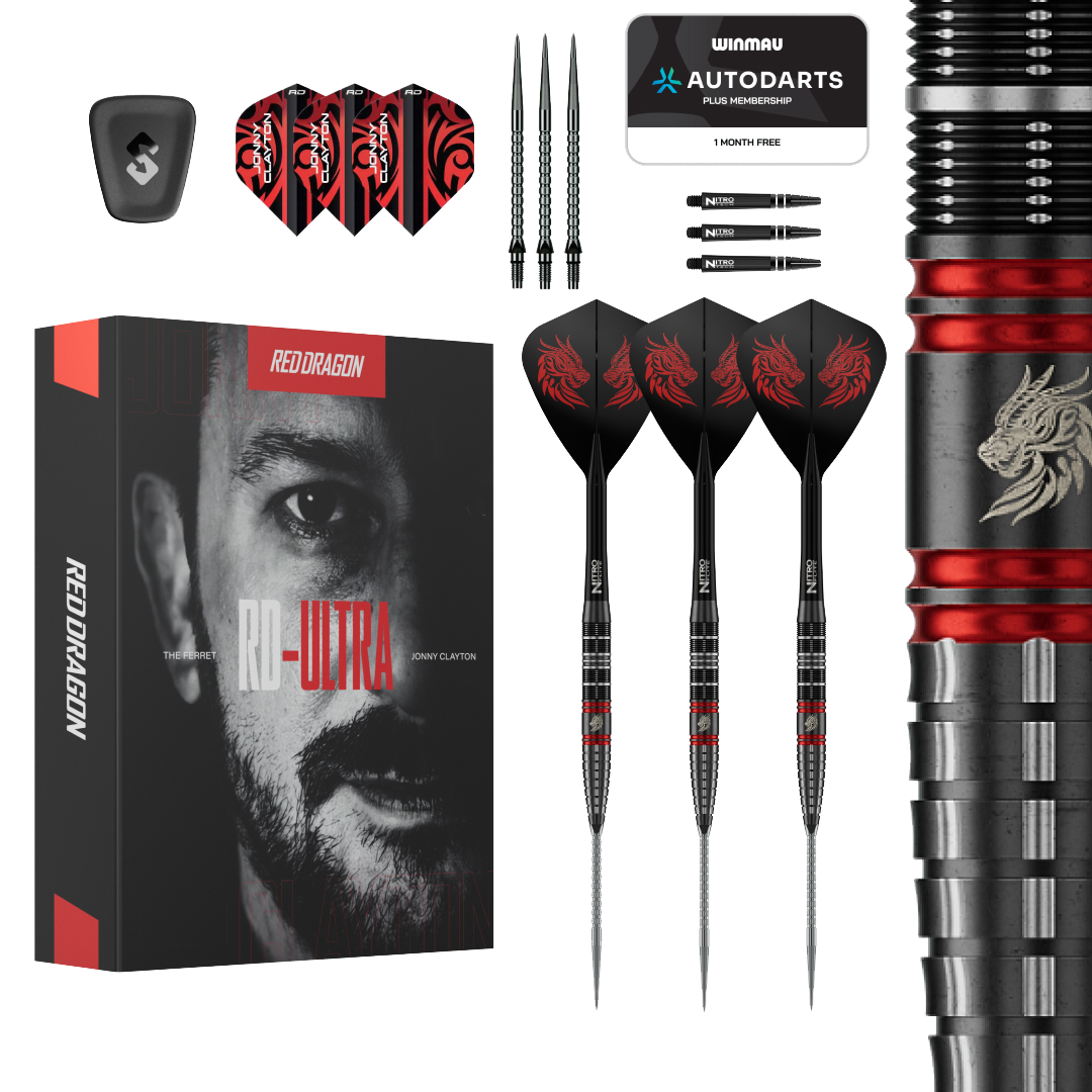 Dardos de acero Red Dragon Jonny Clayton RD-ULTRA Switch Point - 22 g Auf dem Bild ist das Produkt Red Dragon Jonny Clayton RD-ULTRA Switch Point Steeldarts - 22g zu sehen. Die Steeldarts befinden sich vor einem weißen Hintergrund.