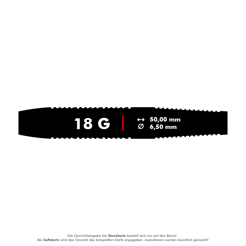 170015_Target_Raymond_Van_Barneveld_Brass_Softdarts_5_18g Das Bild zeigt die Maße eines Target Raymond Van Barneveld Brass Softdarts mit einem Gewicht von 18 Gramm. Der Dart ist 50,00 mm lang und hat einen Durchmesser von 6,50 mm.