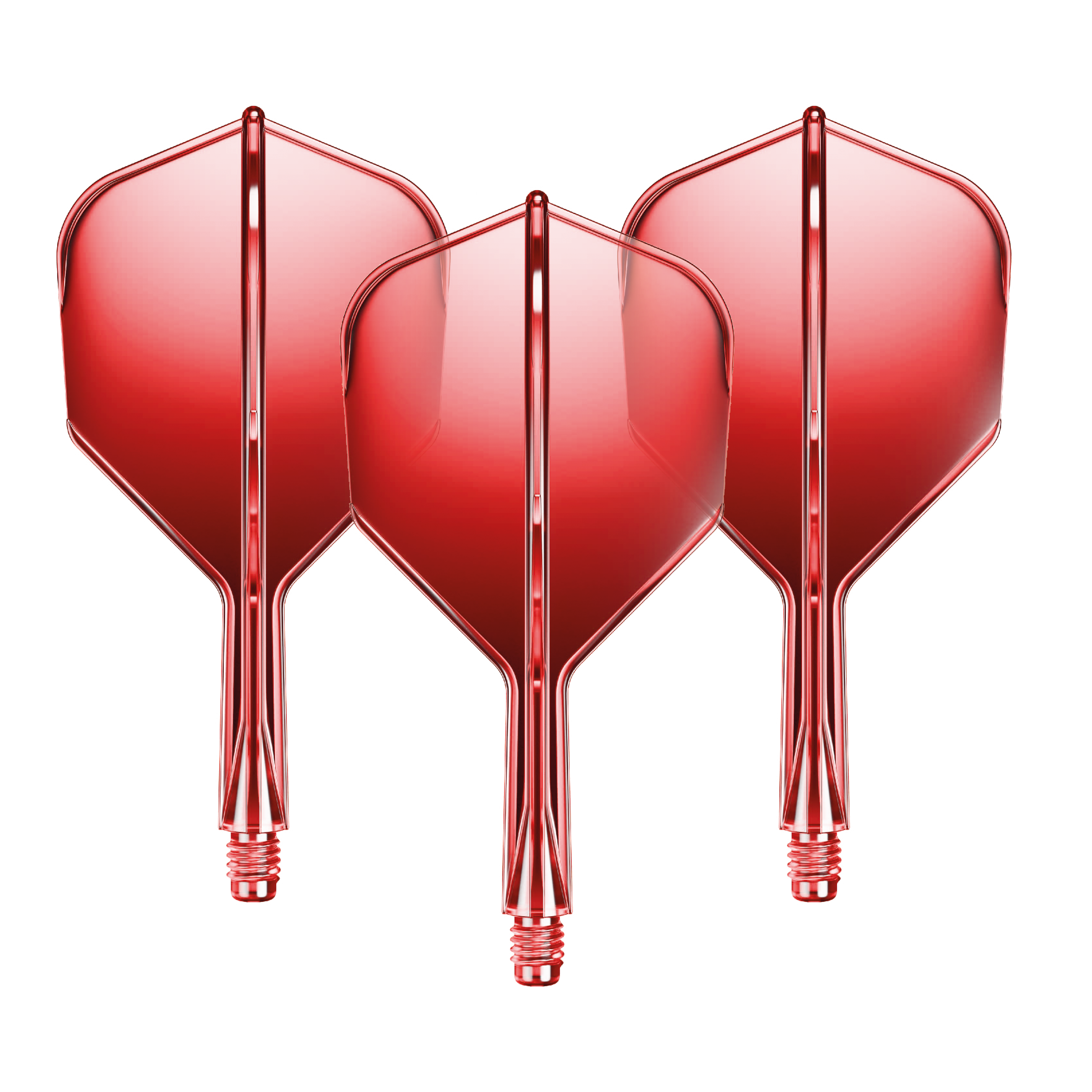 Sistema de eje de vuelo GOAT A1R No6 - Rojo Auf dem Bild sind drei rote Dart-Flights mit Shafts zu sehen. Sie sind gleichmäßig nebeneinander angeordnet und glänzen leicht.