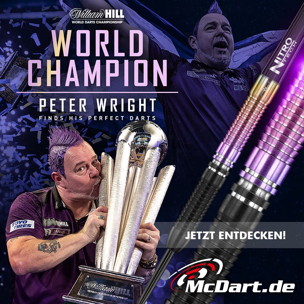 RD2173_Red_Dragon_Peter-Wright_Snakebite_World_Champion_2020_Edition_Steeldarts_admedia Das Bild zeigt Peter Wright, der den Weltmeisterpokal beim Dartturnier küsst. Rechts im Bild sind die bunten Red Dragon Peter Wright Snakebite World Champion 2020 Edition Steeldarts abgebildet.