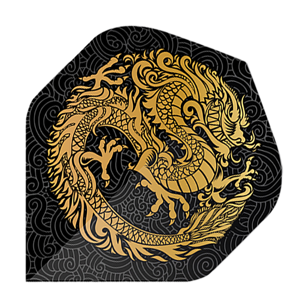 Vuelos de pentatlón Dragón negro Das Bild zeigt die Pentathlon Dragon 2 Standard Flights. Auf schwarzem Hintergrund ist ein goldener Drache kunstvoll dargestellt.