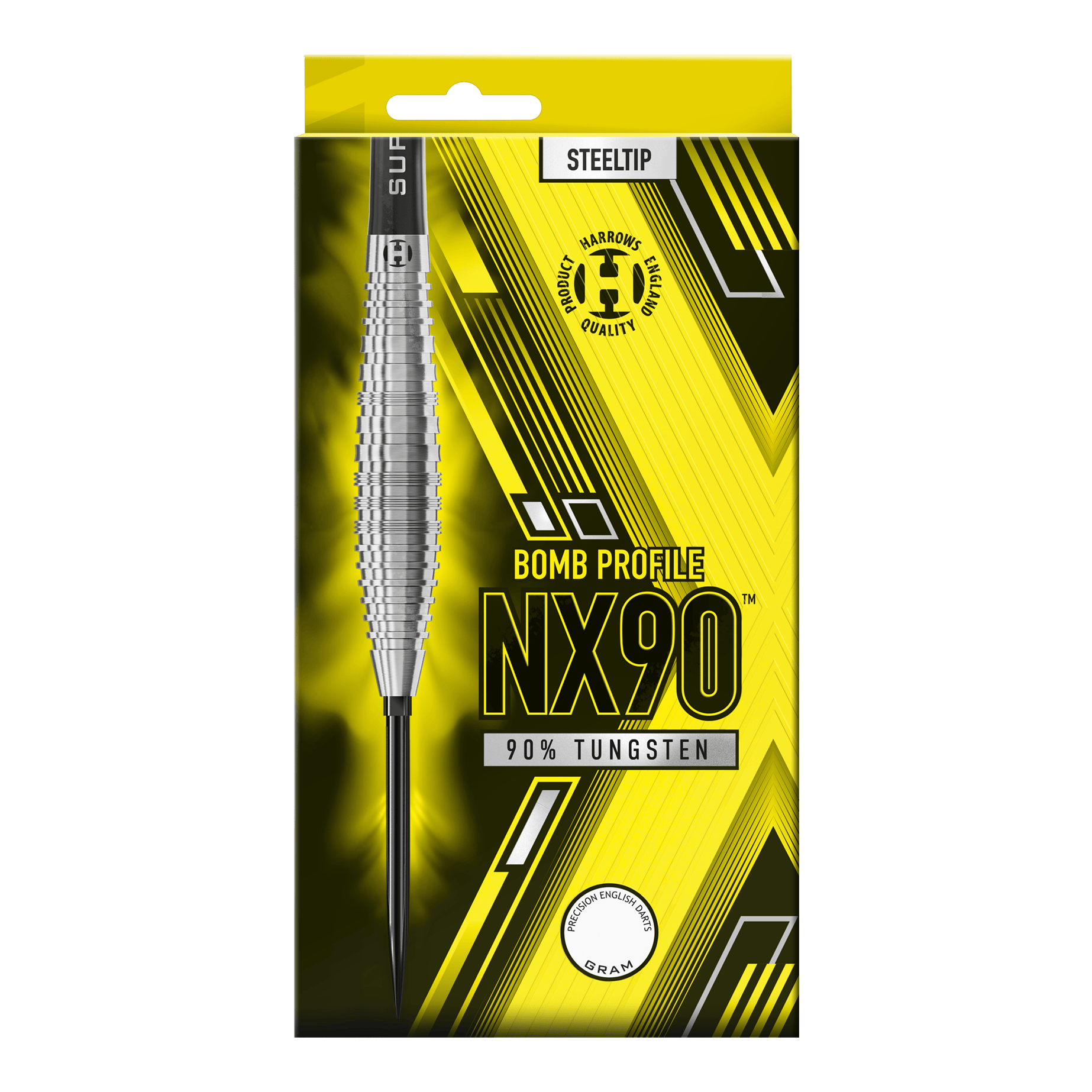 Das Bild zeigt die Harrows NX90 Bomb Quick Point Steeldarts. Es handelt sich um hochwertige Steeldarts für das Dartspiel.