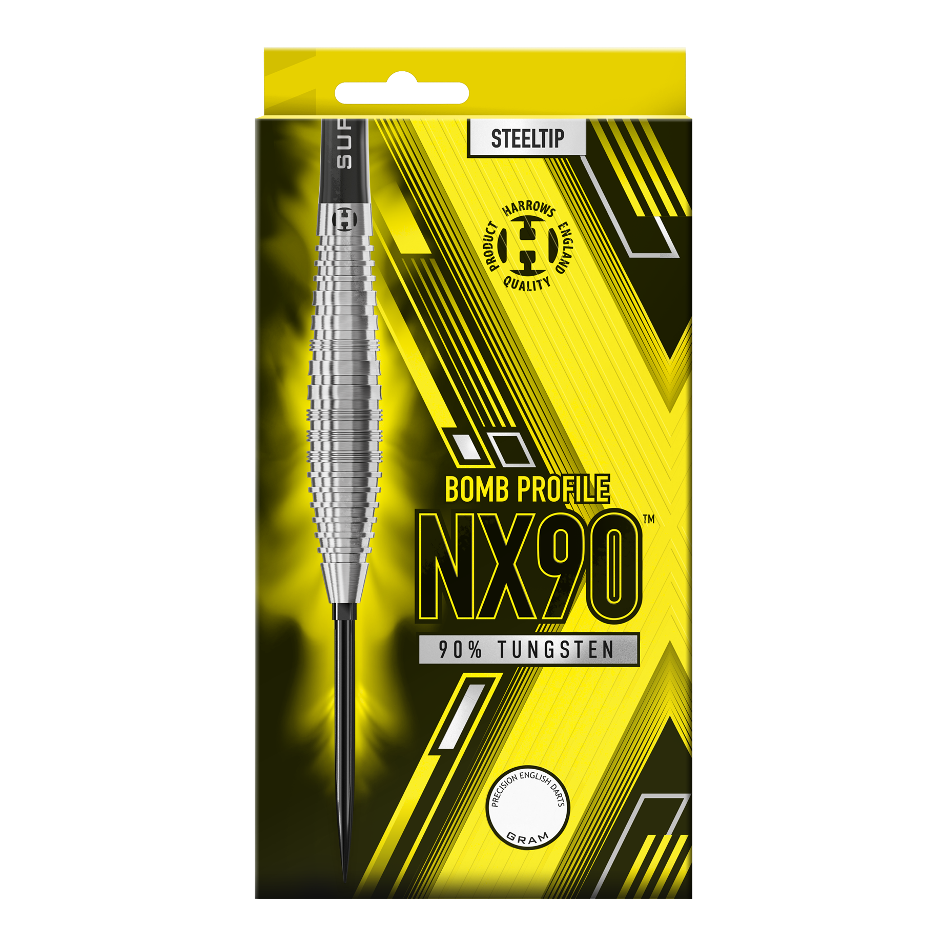 Dardos de acero de punta rápida Harrows NX90 Bomb Das Bild zeigt die Harrows NX90 Bomb Quick Point Steeldarts. Es handelt sich um hochwertige Steeldarts für das Dartspiel.