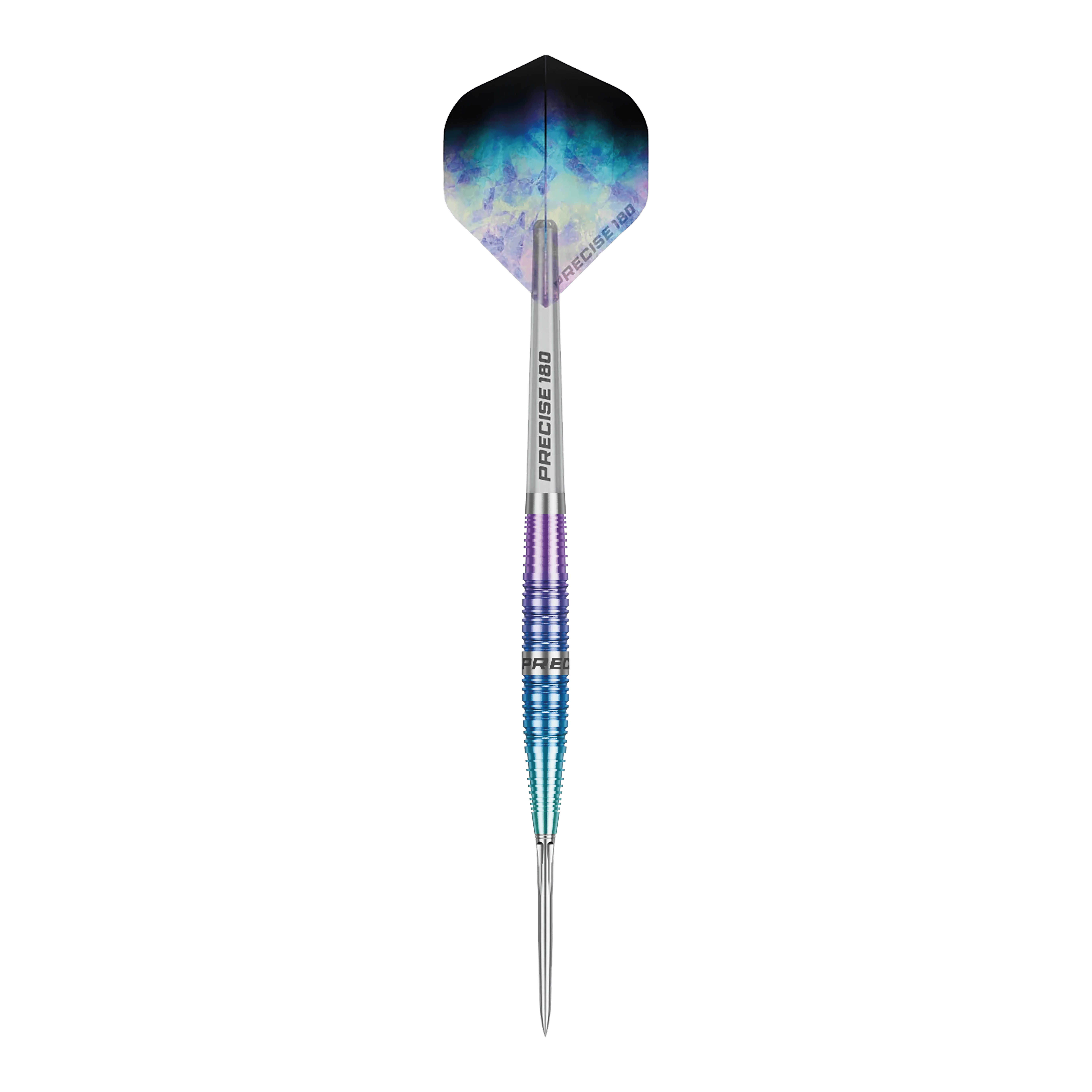 Dardos de acero Precise 180 Northern Lights Abgebildet ist ein einzelner Precise 180 Northern Lights Steeldart. Der Dartpfeil hebt sich klar vom Hintergrund ab.
