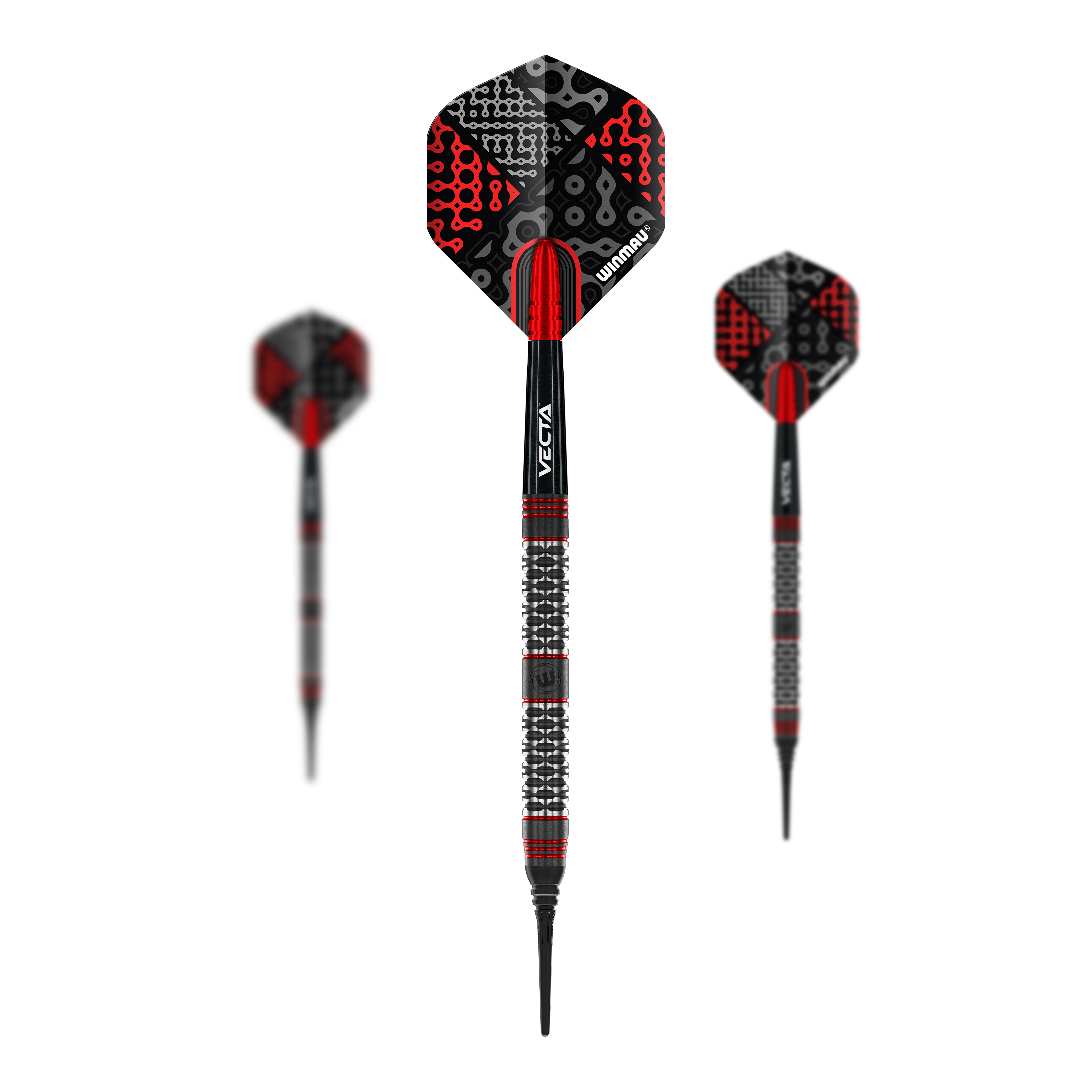 Dardos blandos Winmau Cypher - 20 g Das Bild zeigt drei Winmau Cypher Softdarts mit einem Gewicht von 20 Gramm. Die Darts haben ein auffälliges Design in Schwarz und Rot mit strukturiertem Griff.