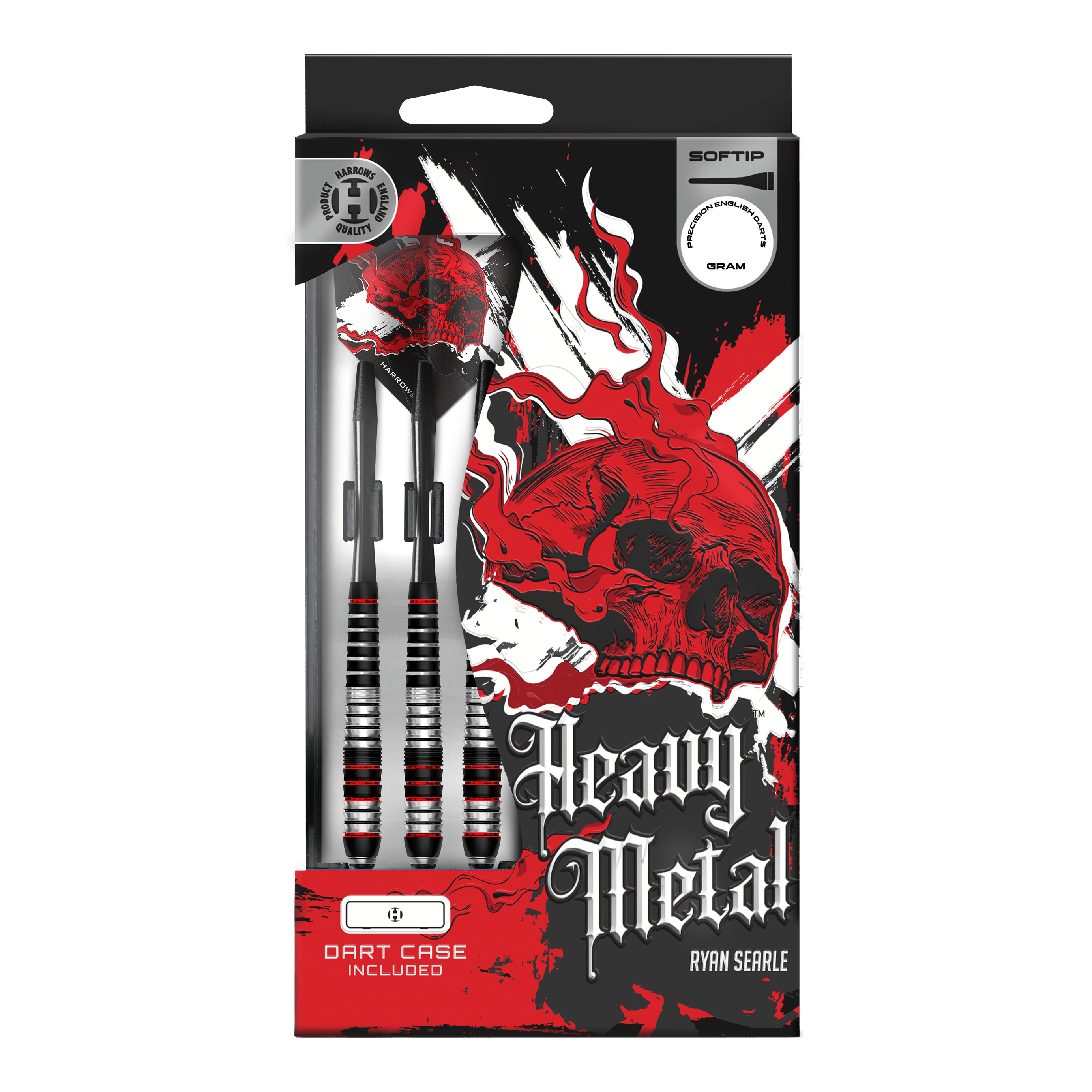 Dardos blandos de latón Harrows Heavy Metal Ryan Searle Das Bild zeigt Harrows Heavy Metal Ryan Searle Brass Softdarts. Die Darts werden aus Messing gefertigt und sind auf einer hellen Fläche angeordnet.