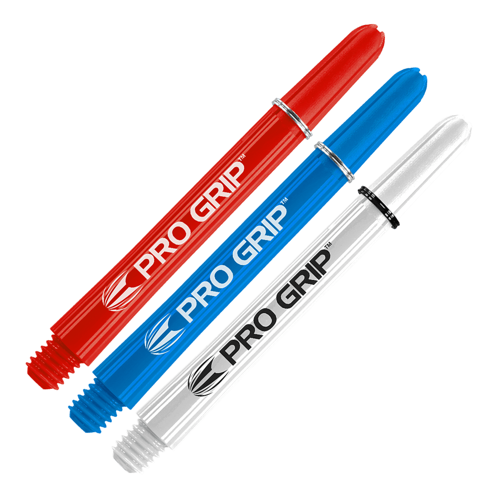 Varillas Target Pro Grip - 3 juegos - Rojo, Azul, Blanco Das Bild zeigt drei Dartschäfte in den Farben Rot, Blau und Weiß. Auf jedem Schaft steht der Schriftzug "PRO GRIP".