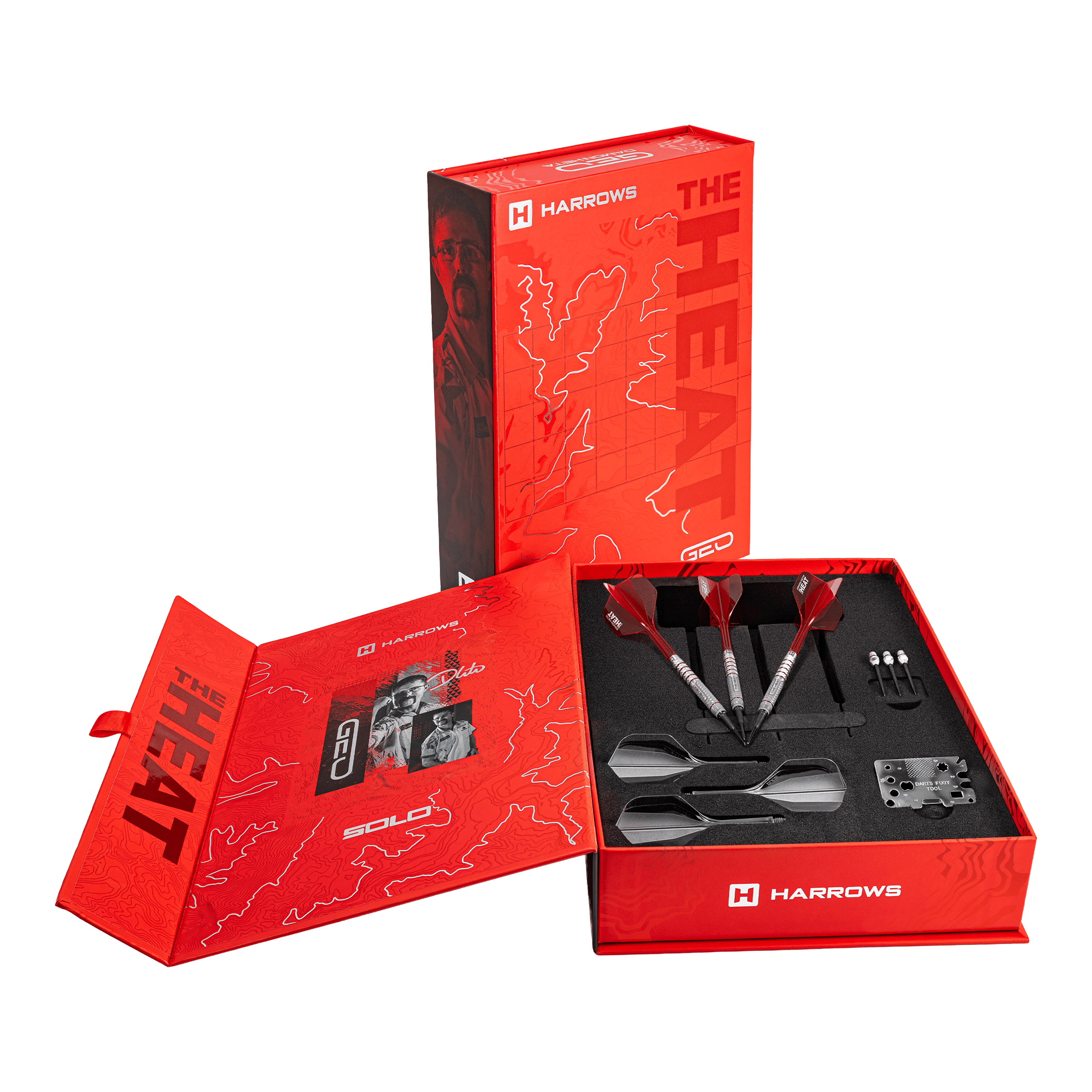 Die Harrows Damon Heta Geo Softdarts in 18g werden gezeigt. Die Darts sind modern gestaltet.
