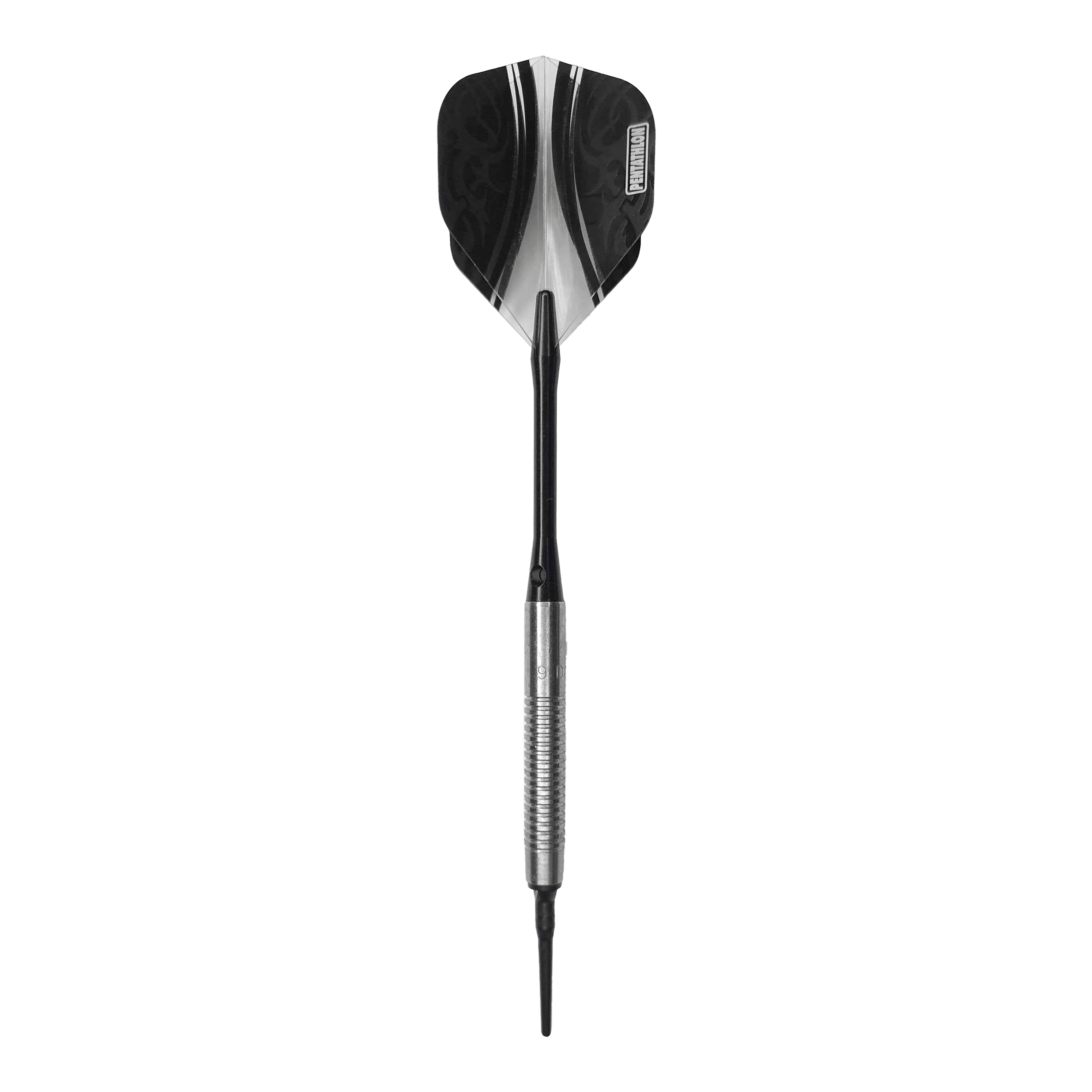 Dardos blandos McDart 85 Tungsten V21 - 18,5 g Das Bild zeigt einen McDart 85er Tungsten V21 Softdart mit einem Gewicht von 18,5g. Der Dart hat eine silberne, gerillte Barrel und schwarze Flights.
