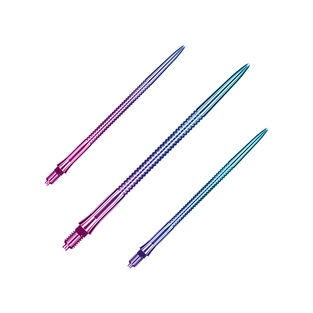 Puntas de dardo Caliburn EZ-EVO - Ranuradas - Arcoíris Auf dem Bild sieht man ein Set Caliburn EZ-EVO Dartspitzen mit grooved Rainbow-Optik, 45 mm lang. Die Spitzen zeichnen sich durch ein buntes, geriffeltes Muster aus.