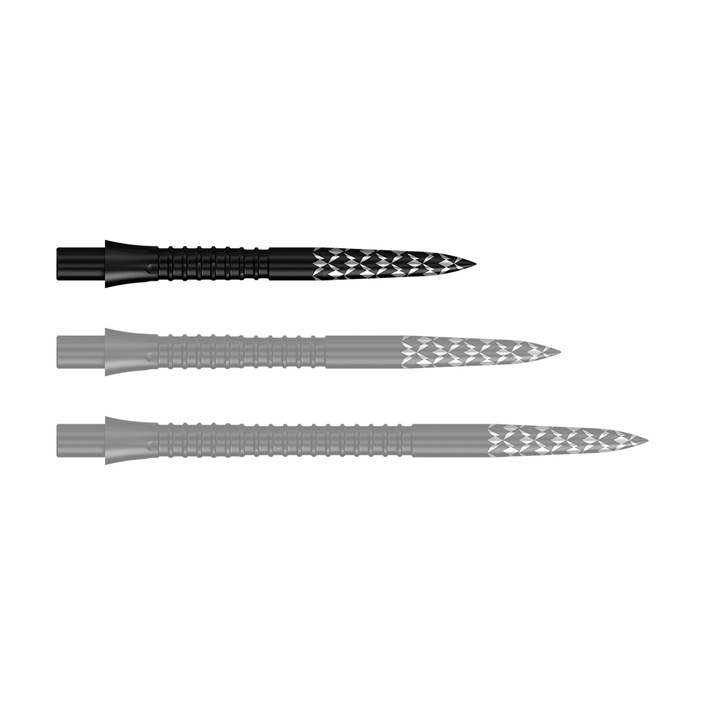 Puntas de dardos Mission Caliburn EVO con logotipo GV - Negro Abgebildet sind Schwarze Steeldartspitzen mit GV-Logo, 26 mm lang. Es handelt sich um Zubehör für Dartpfeile aus der Mission Caliburn EVO Serie.