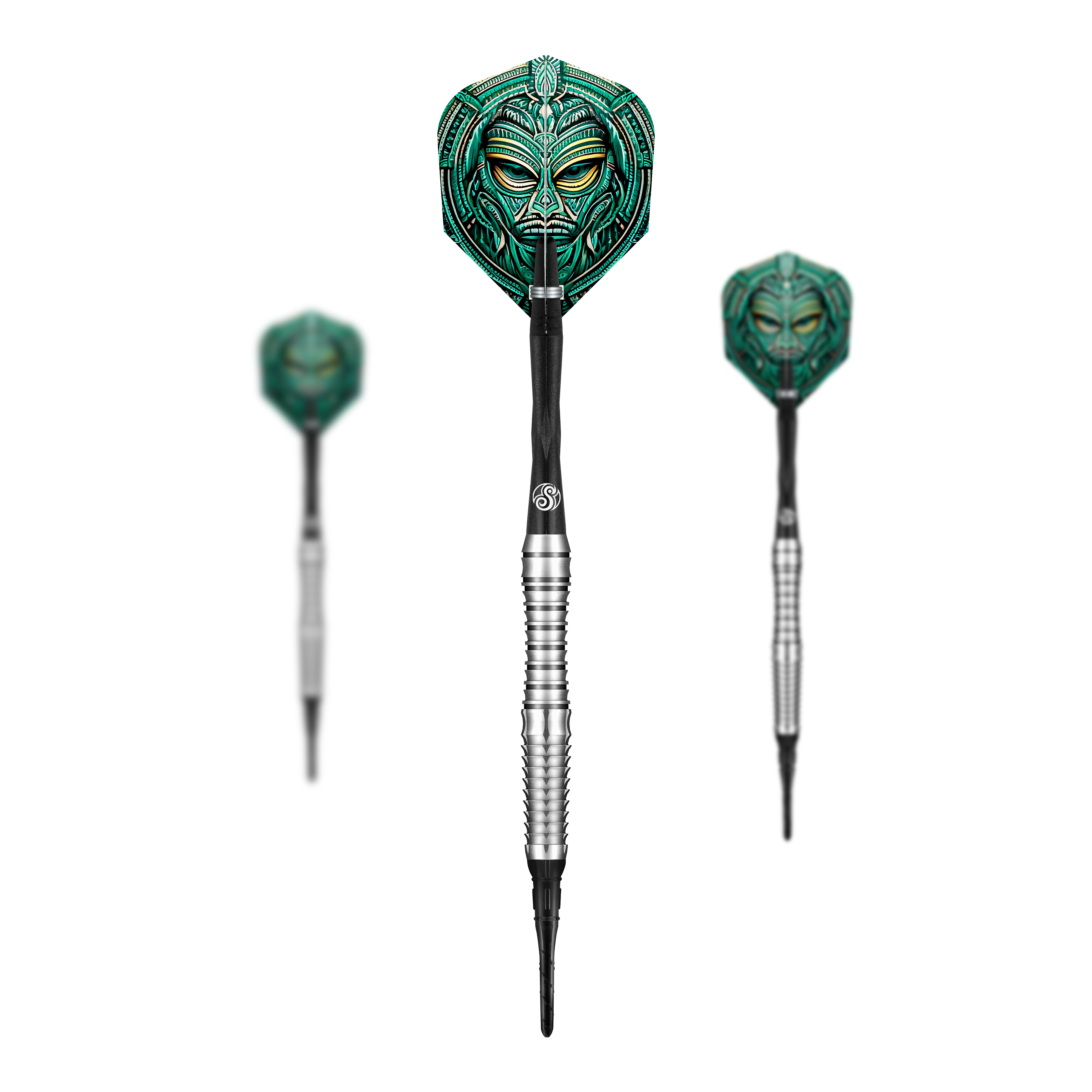 Dardos blandos Toki de Shot Tribal Weapon Das Bild zeigt drei Softdarts des Produkts "Shot Tribal Weapon Toki". Die Flights sind mit einem auffälligen, grün-türkisen Tribal-Motiv verziert.
