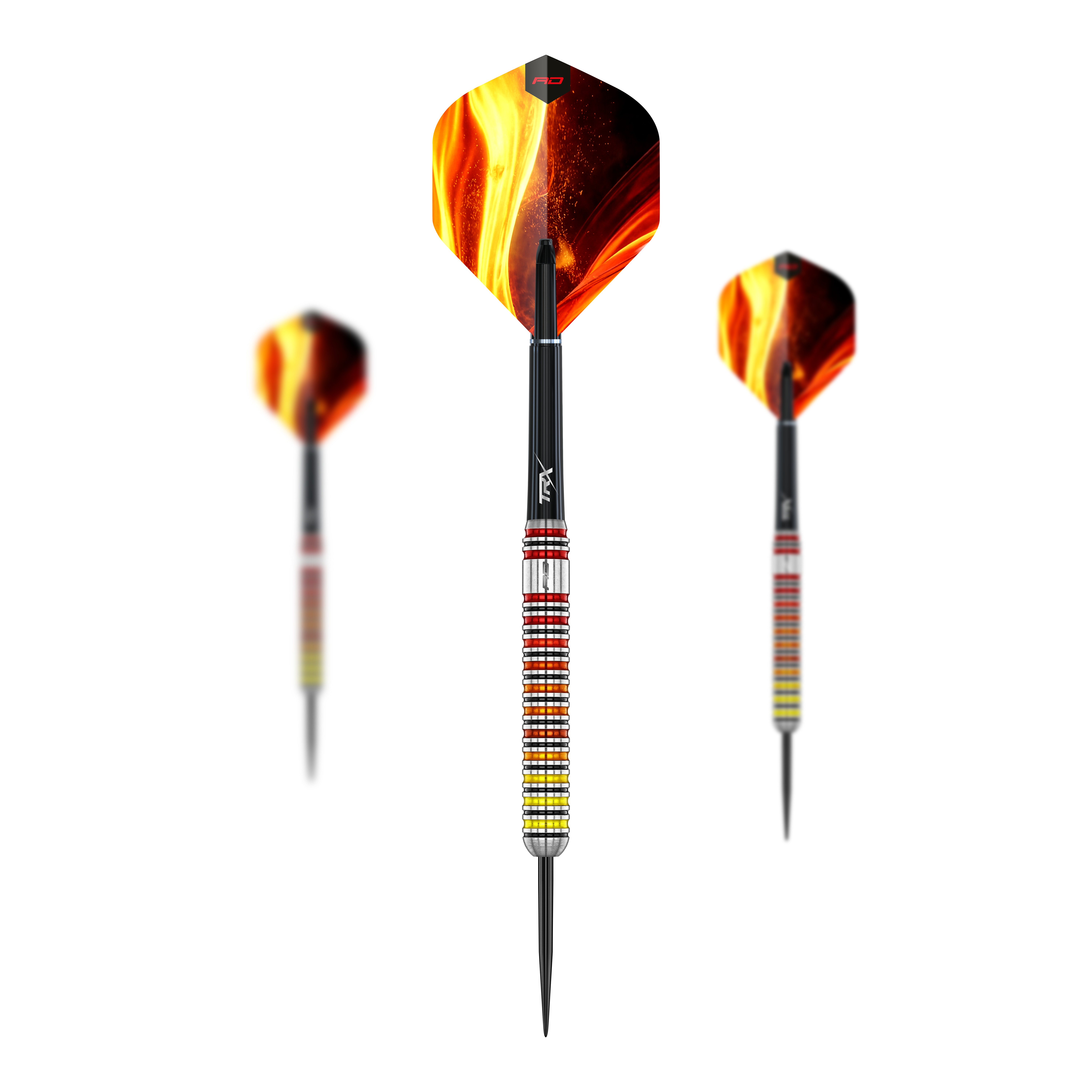 Hier sehen Sie das Set der Red Dragon Furnace Steeldarts. Die Darts sind in einer geordneten Anordnung dargestellt.