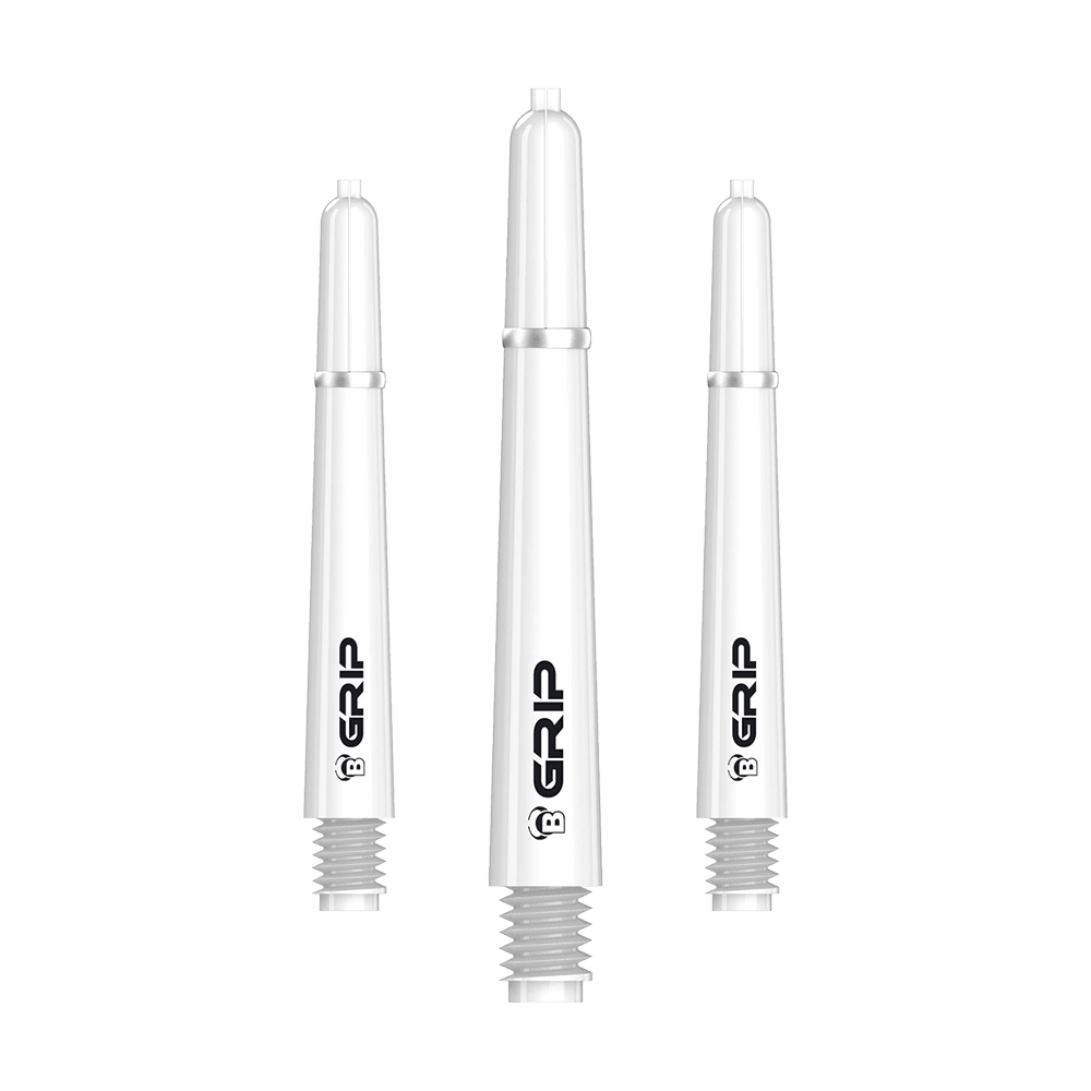 BS55069_Bulls_B-Grip-2_SL_Shafts_Weiss_41mm_1 Das Bild zeigt drei weiße Dartschäfte des Produkts "Bulls B-Grip-2 SL Shafts - Weiß". Auf den Schäften steht das Wort "GRIP" in schwarzer Schrift.
