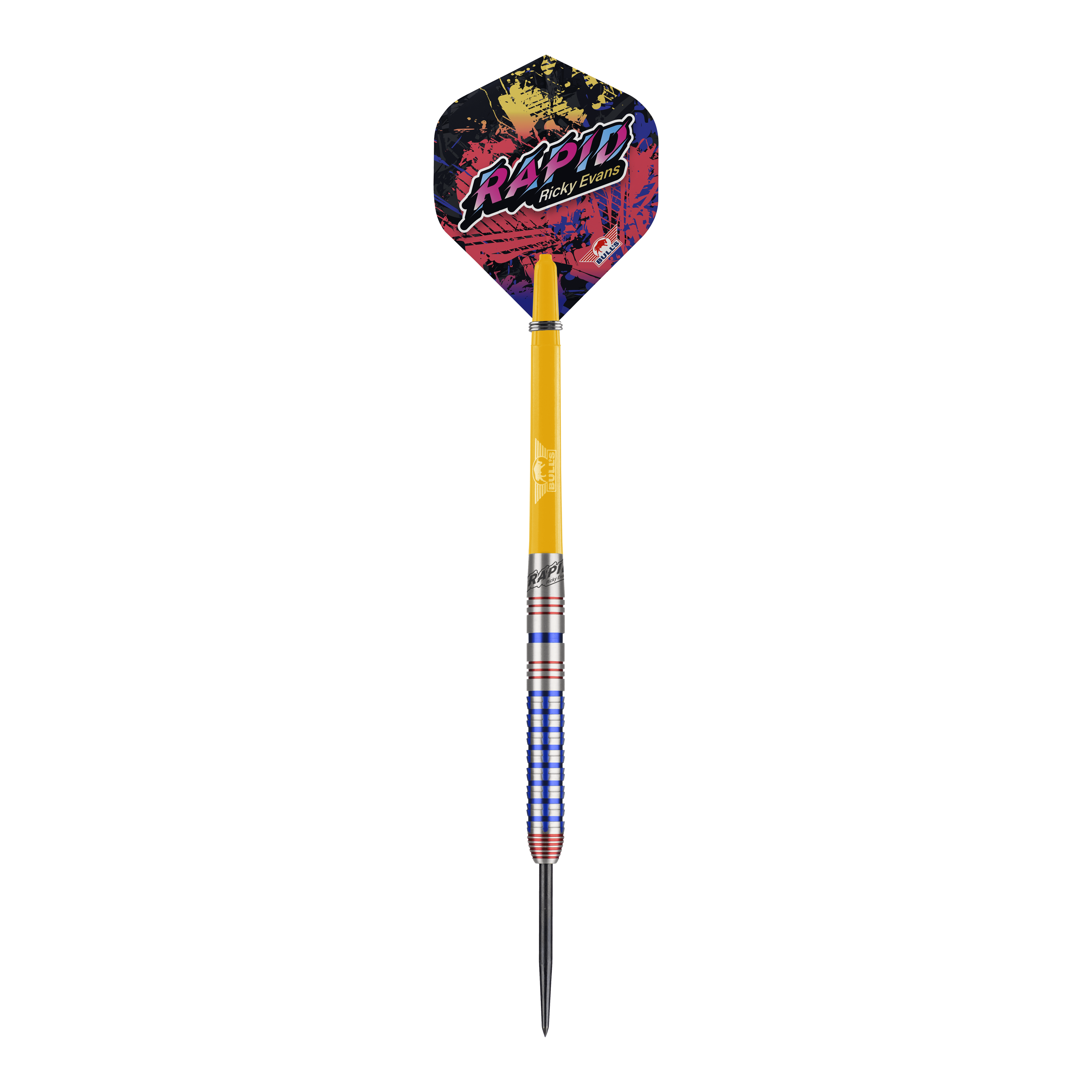 Dardos de acero Rapid Edition One de Ricky Evans de la Liga Nacional Bulls Auf dem Bild ist ein Steeldart der Marke Bulls NL, Modell "Ricky Evans Rapid Edition One", zu sehen. Der Dart hat bunte Flights mit dem Schriftzug "RAPID Ricky Evans" und ein auffälliges Griffdesign in Silber, Blau und Rot.