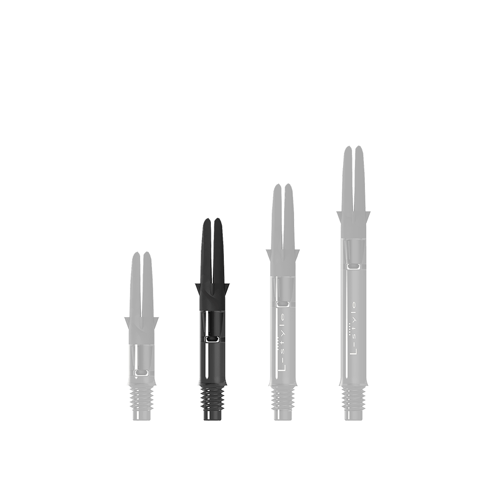 Das Bild zeigt drei schwarze Dartshafts in unterschiedlicher Länge. Sie sind aus Carbon gefertigt und tragen die Aufschrift "L-Style".