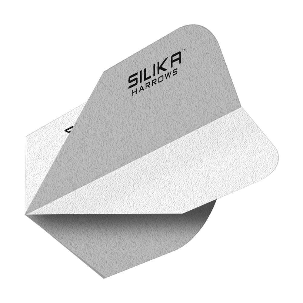 Plumas No6 blancas con revestimiento cristalino resistente sólido de sílice Harrows Das Bild zeigt ein weißes Dart-Flight mit der Aufschrift "Silika Harrows". Das Flight hat eine solide, strukturierte Oberfläche und ist speziell für hohe Haltbarkeit entwickelt.