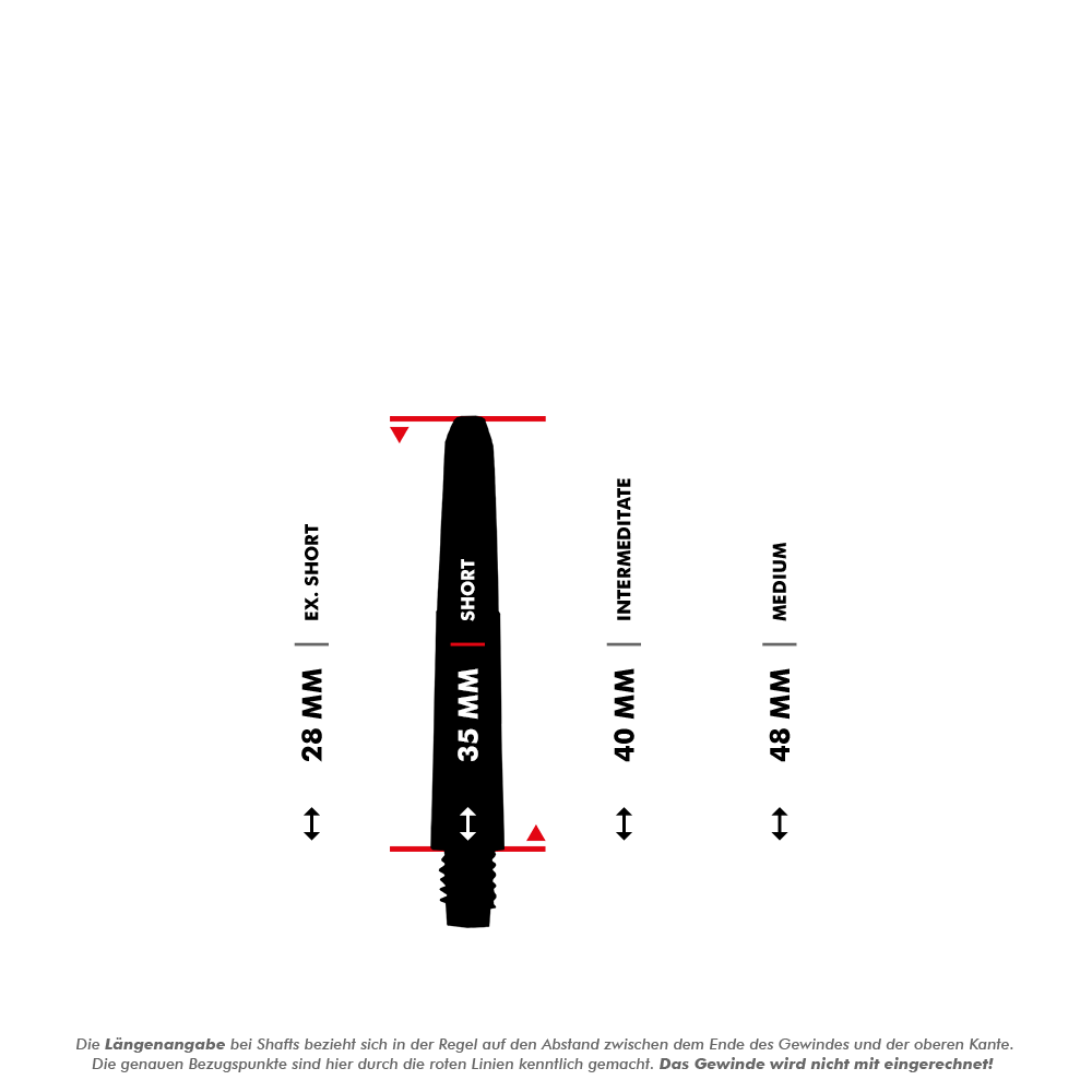 MD-600_Nylon_Shafts_mit_Wunschdruck_5_35mm Das Bild zeigt verschiedene Längen von Nylon Shafts für Darts, dargestellt in Millimetern. Die Längen reichen von 28 mm (Ex. Short) bis 48 mm (Medium), wobei die Messpunkte mit roten Linien markiert sind.