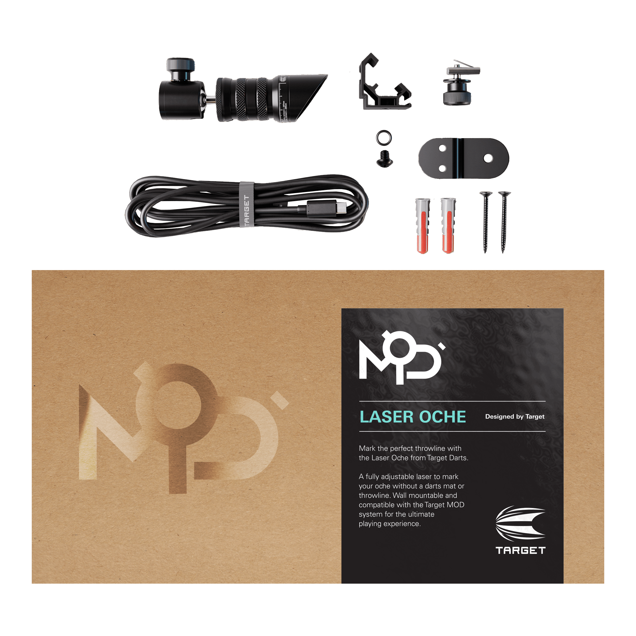 Láser de objetivo MOD Oche Das Bild zeigt das Produkt „Target MOD Laser Oche“ mit allen enthaltenen Teilen, wie Kabel, Schrauben und Montagematerial. Die Verpackung liegt im Vordergrund und trägt die Produktbezeichnung sowie eine kurze Beschreibung.