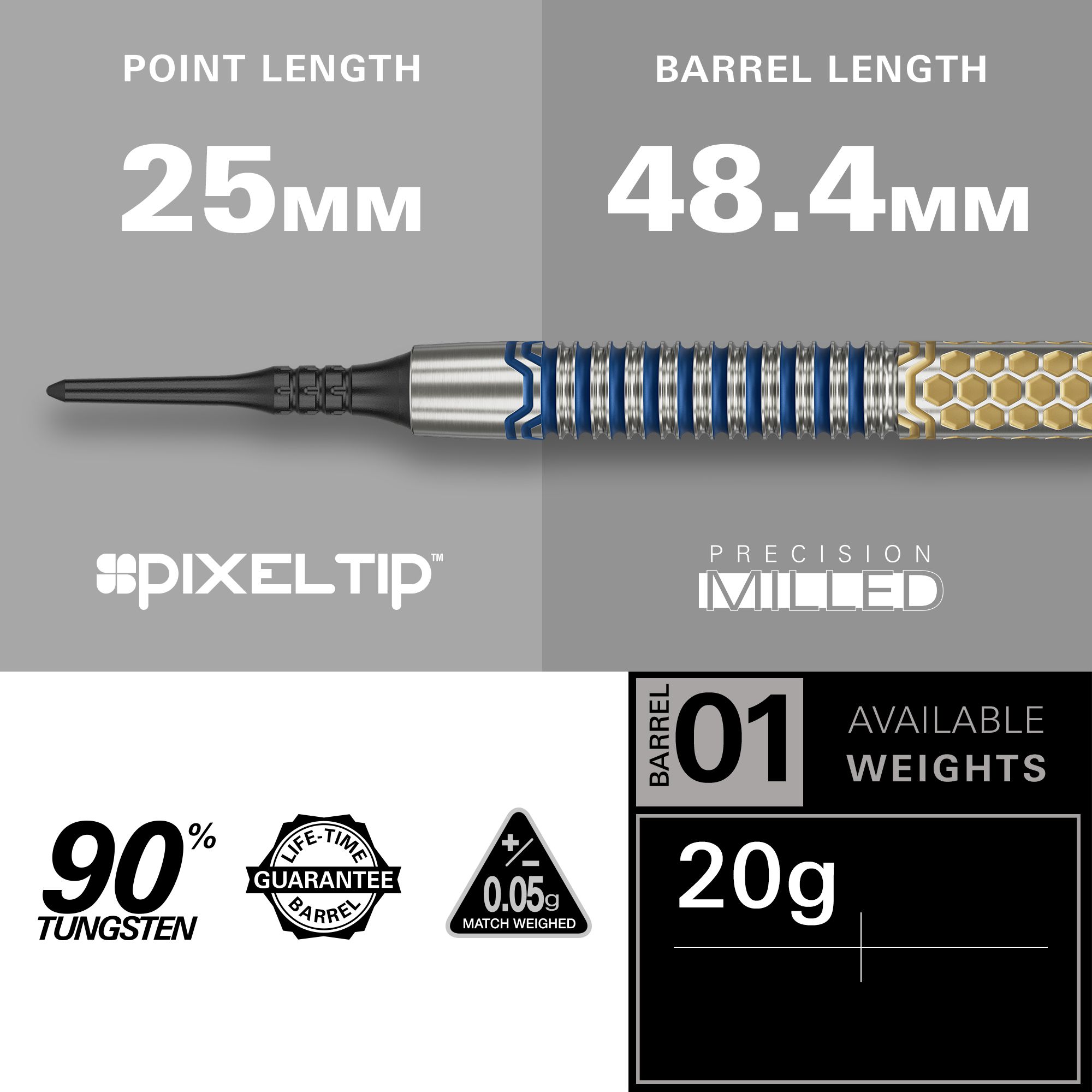 Dardos blandos Target Josh Rock GEN1 - 20 g Das Bild zeigt den Softdart "Target Josh Rock GEN1" mit einem Gewicht von 20g. Der Dart hat eine Spitzenlänge von 25 mm, eine Barrel-Länge von 48,4 mm und besteht zu 90% aus Tungsten.
