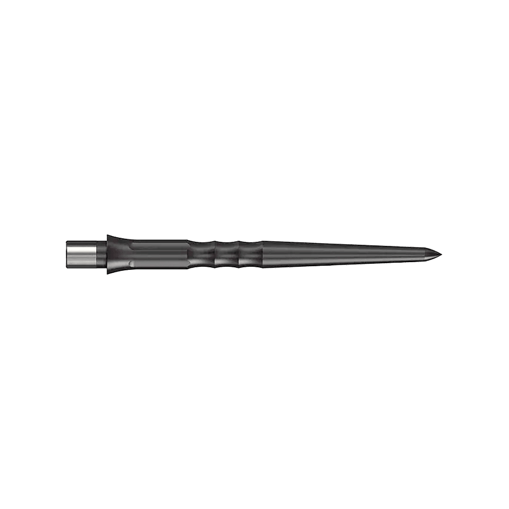 Puntas Caliburn System Steeldart - Onduladas - Sin labio - Negras Das Bild zeigt eine schwarze Steeldartspitze mit Riffelung. Die Spitze ist 28 mm lang und hat kein Lip-Ende.