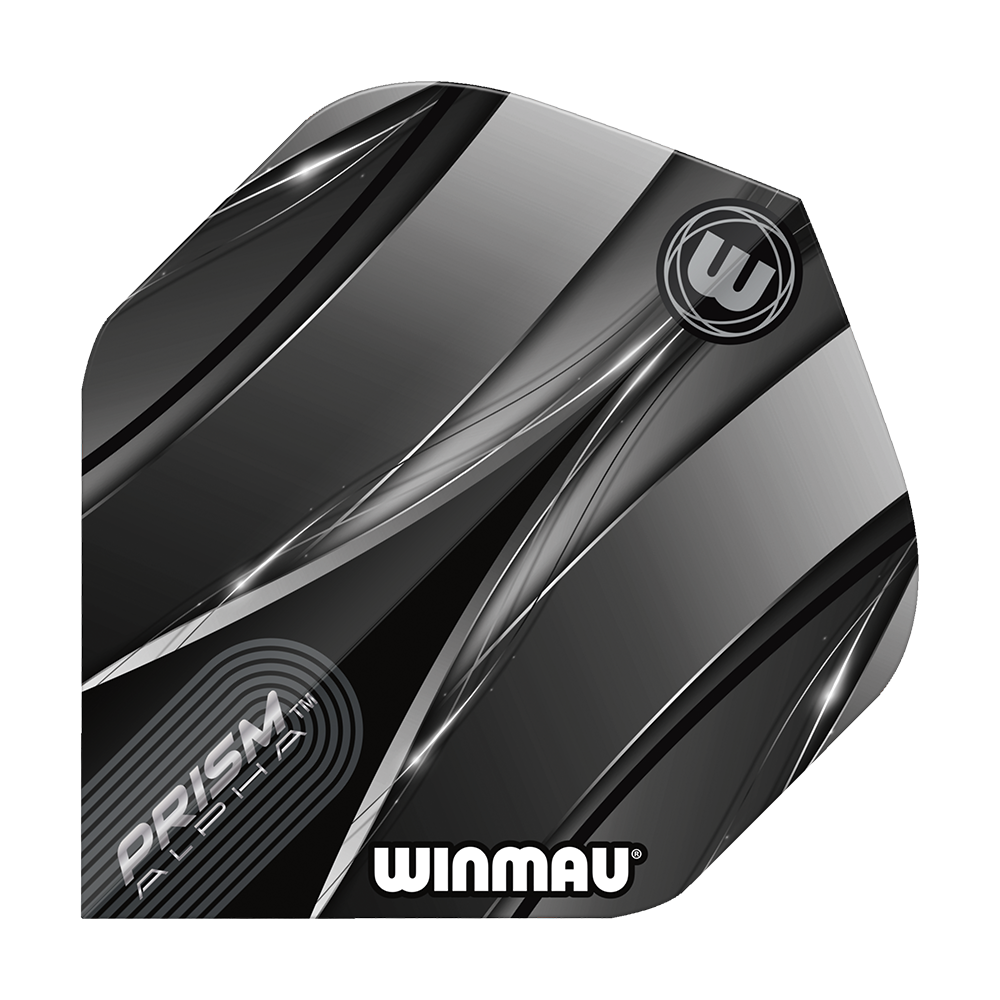 Plumas Winmau Alpha Sniper Negras Estándar Das Bild zeigt einen Winmau Alpha Sniper Black Standard Flight für Darts. Das Design ist überwiegend schwarz und silber mit stilisierten Linien und dem Winmau-Logo.