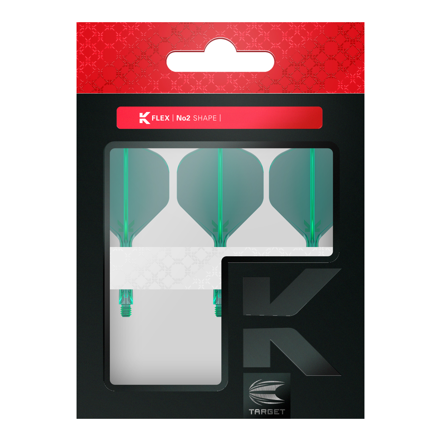 Sistema de vuelo estándar Target K-Flex No2 - Verde Auf dem Bild ist eine Packung mit drei grünen Dartflights der Marke Target zu sehen. Die Verpackung ist überwiegend schwarz mit einem roten oberen Abschnitt und dem Aufdruck "K FLEX | No2 SHAPE".