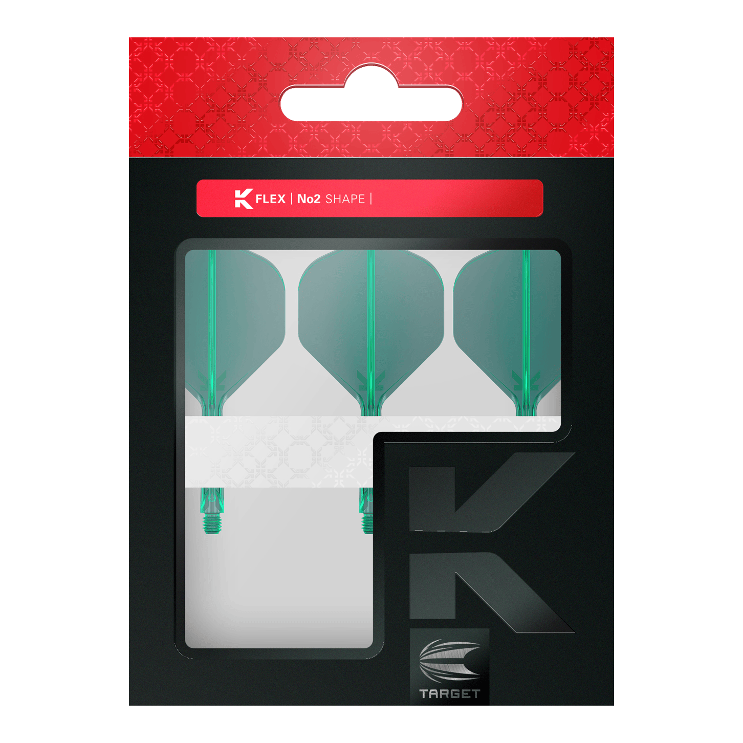 Sistema de vuelo estándar Target K-Flex No2 - Verde Dart-Flights mit gleichmäßiger Flächenstruktur und definierter Form sind abgebildet. Die Produkte liegen sortiert neben- und übereinander.