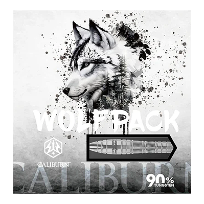 Dardos de acero Caliburn Wolfpack W2 - 22 g Das Bild zeigt die Verpackung der Caliburn Wolfpack W2 Steeldarts – 22g mit einer stilisierten Zeichnung eines Wolfes. Auf der Verpackung steht außerdem "90% Tungsten".