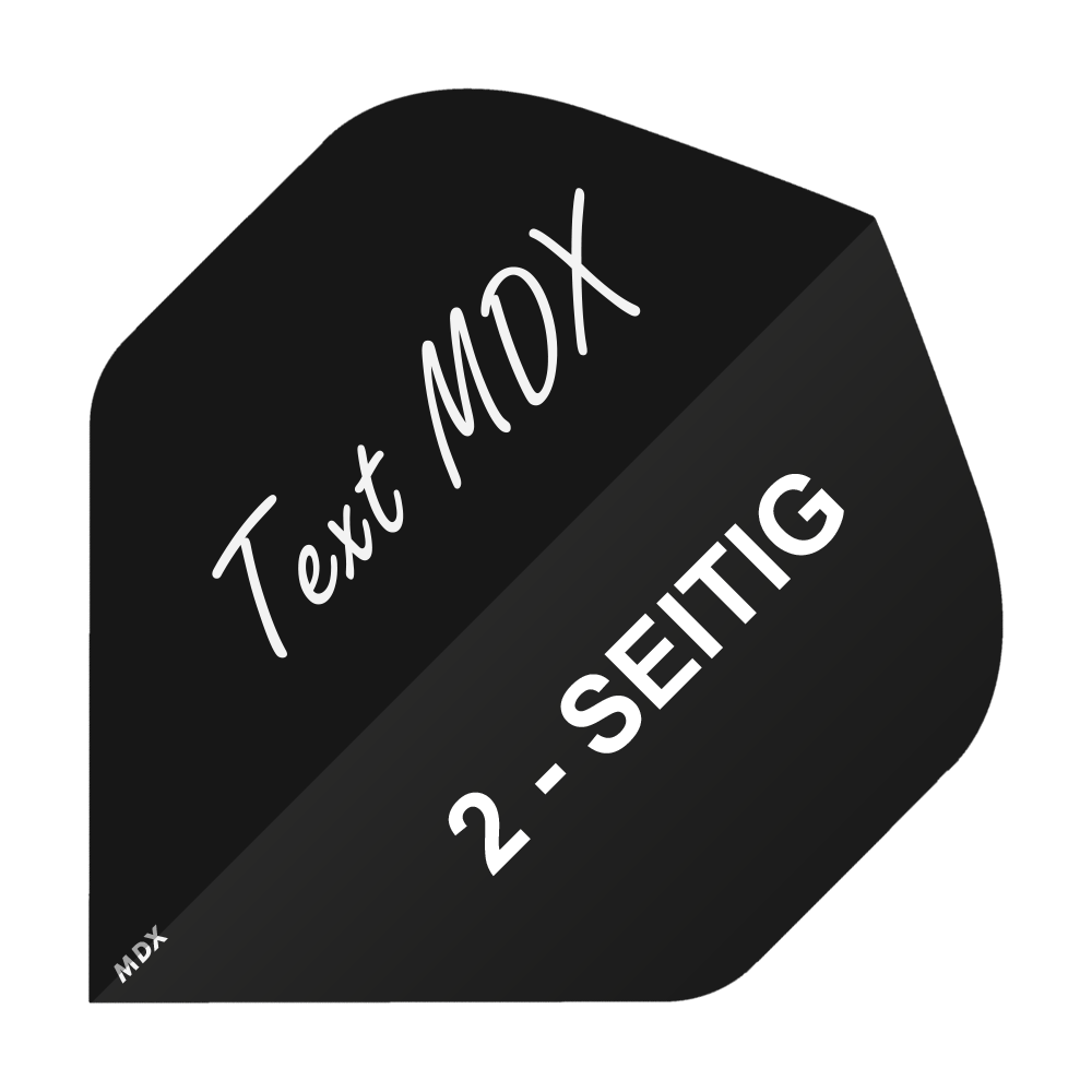 MD-400_2-Seitig_Bedruckte_Flights_Wunschtext_MDX_Schwarz_Standard_1 Das Bild zeigt ein schwarzes Dartflight mit der Aufschrift "Text MDX" und "2-SEITIG". Es handelt sich um ein individuell bedruckbares Produkt im MDX Standard.