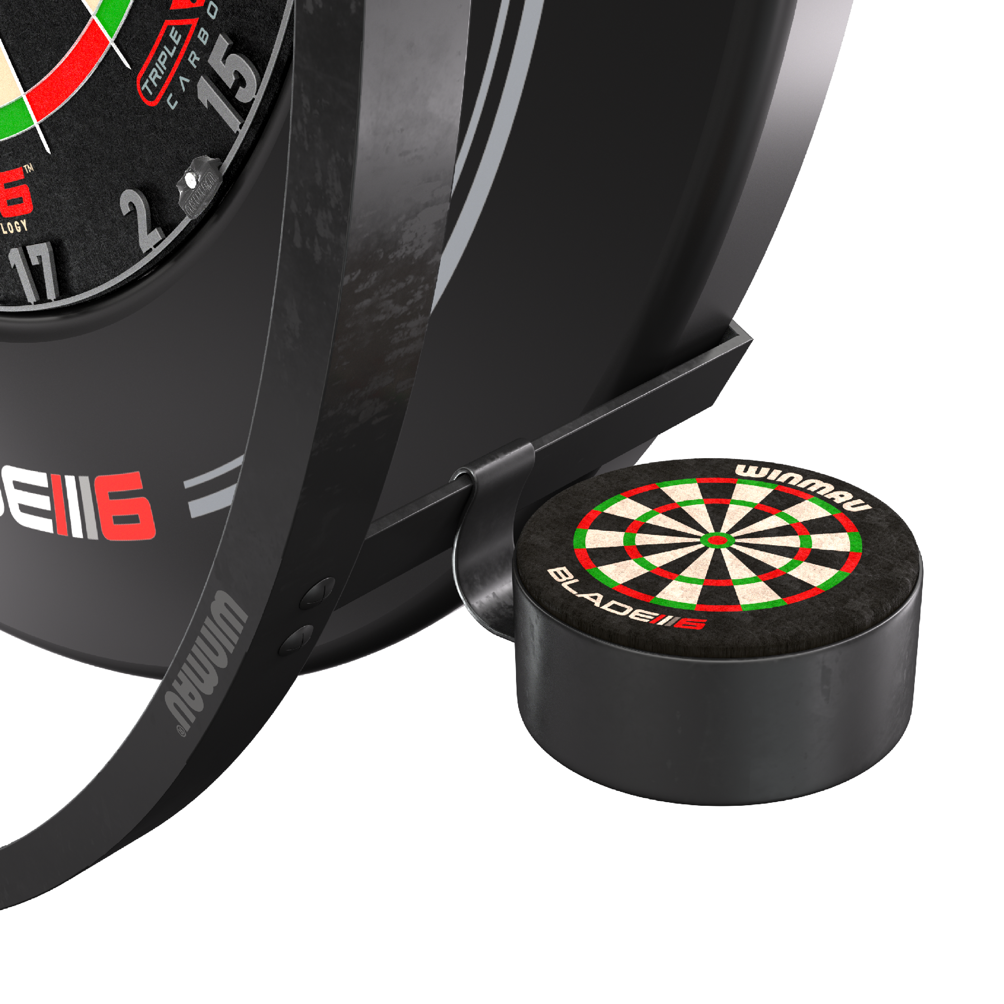 Juego de accesorios de plasma Winmau Das Bild zeigt das Winmau Plasma Zubehör Set für Dartscheiben. Zu sehen sind Teile des Zubehörs sowie ein Element mit einem aufgedruckten Dartboard-Design.