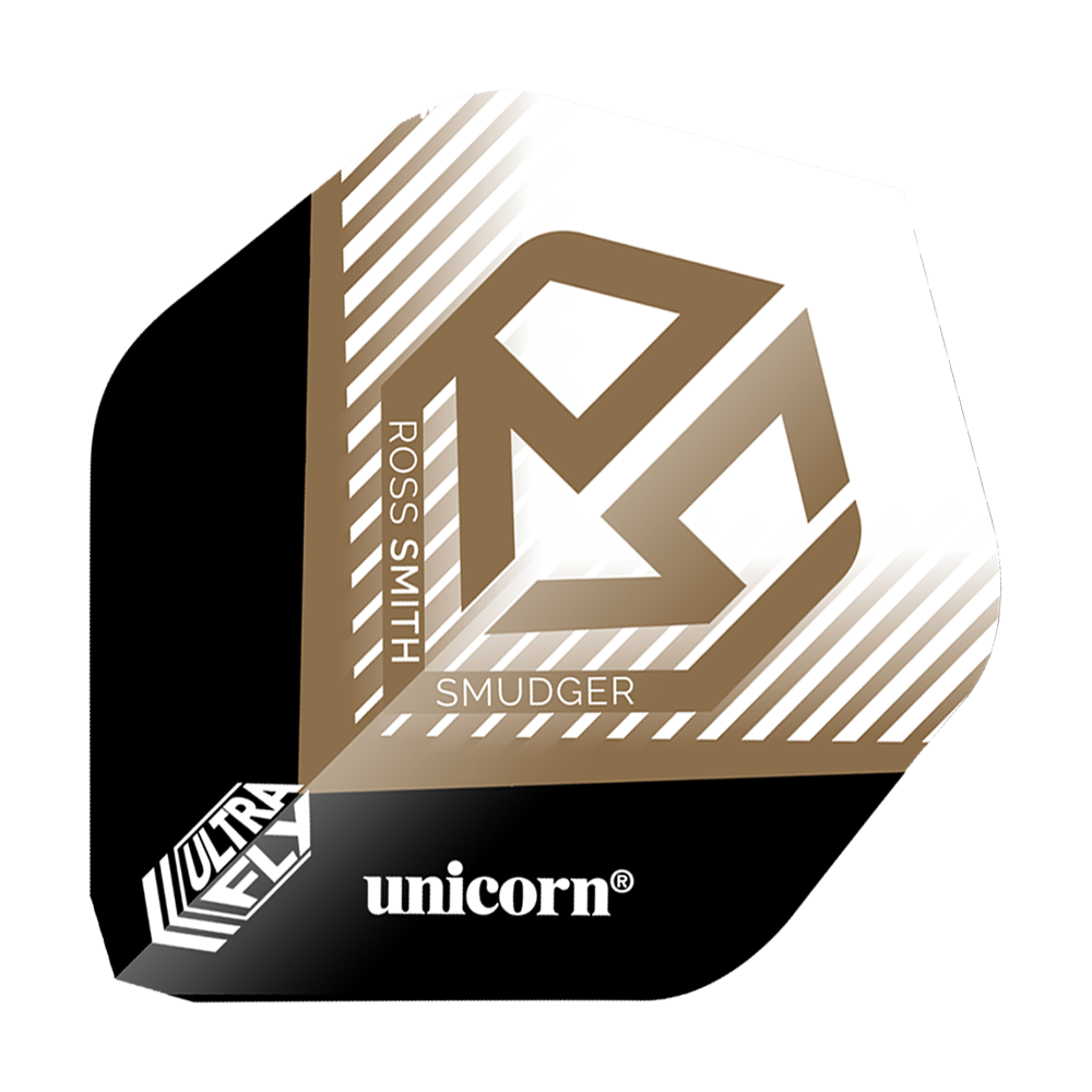 Unicorn Ultrafly 100 Ross Smith Smudger AR1 Flights Das Bild zeigt einen Dartflight mit der Aufschrift „ROSS SMITH SMUDGER“ und einem goldenen Logo auf weißem Hintergrund. Unten befinden sich die Markenbezeichnungen „ultrafly“ und „unicorn“.
