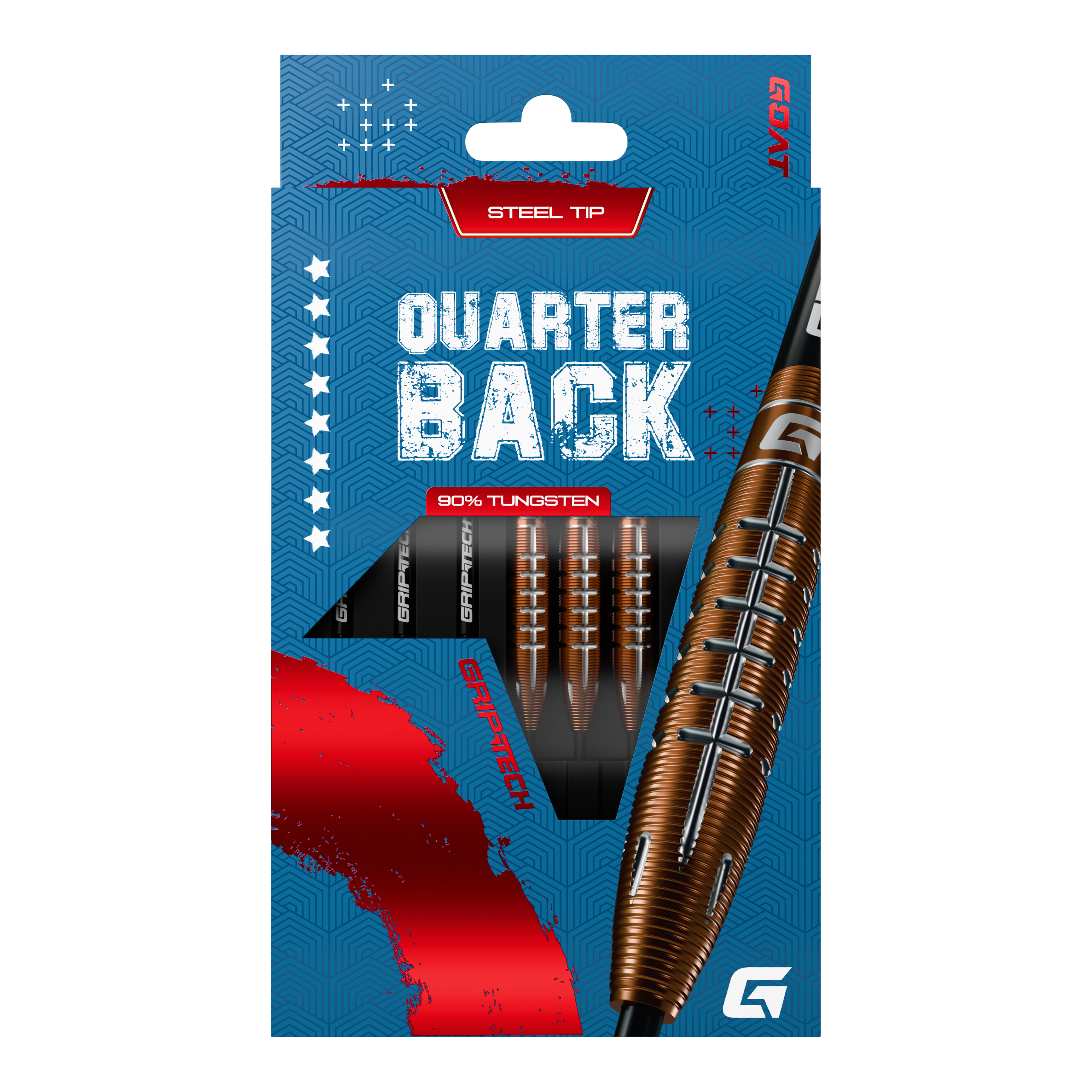 Dardos de acero de tungsteno GOAT Quarterback V2 - 24 g Die Verpackung zeigt die "GOAT Quarterback V2 Tungsten Steeldarts - 24g" mit Stahlspitze. Die Darts bestehen zu 90% aus Tungsten und haben ein modernes Design.