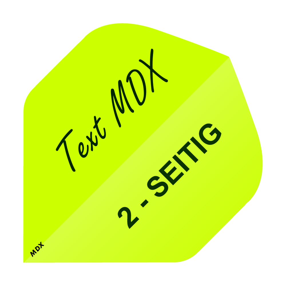 MD-405_2-Seitig_Bedruckte_Flights_Wunschtext_MDX_Gelb_Standard_1 Das Bild zeigt ein gelbes Quadrat mit den Aufschriften "Text MDX" und "2-SEITIG". In der unteren linken Ecke steht klein "MDX".