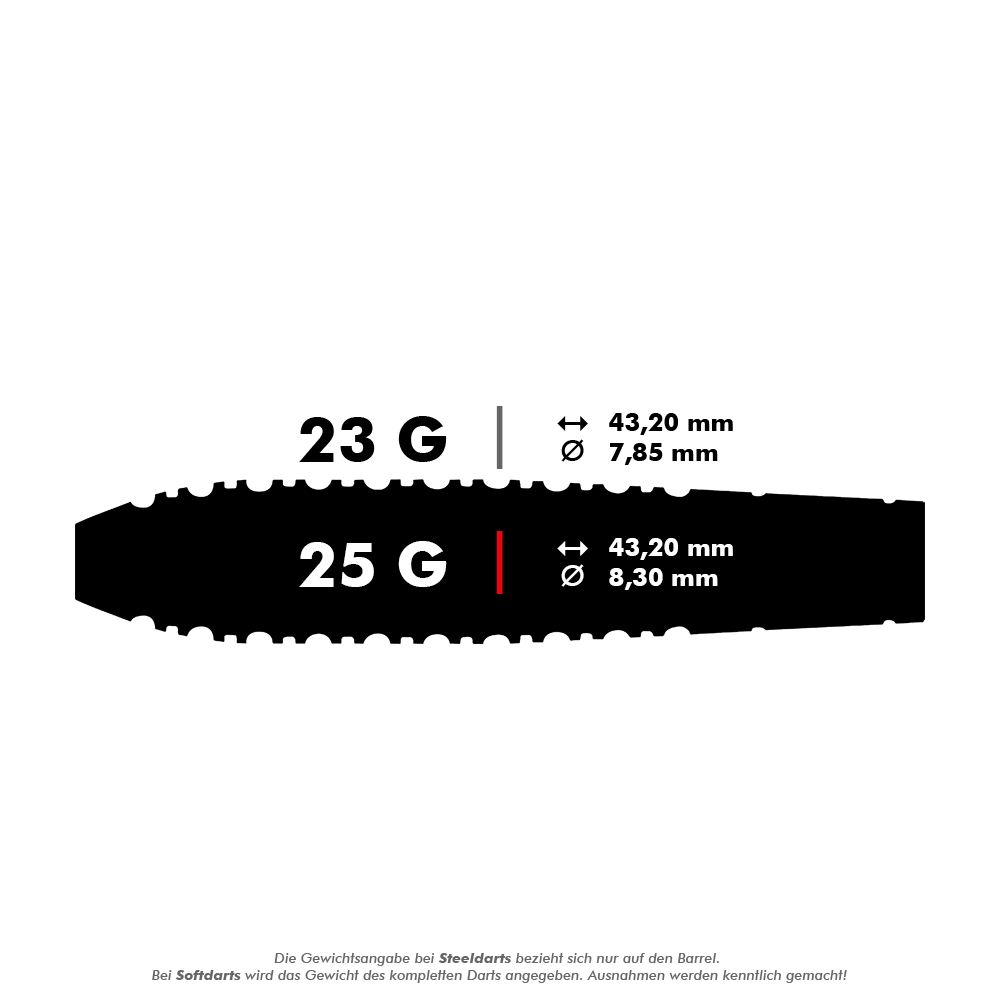 Das Bild zeigt zwei verschiedene Gewichte für Steeldarts: 23 Gramm und 25 Gramm. Die Länge beträgt jeweils 43,20 mm, der Durchmesser ist 7,85 mm bzw. 8,30 mm.