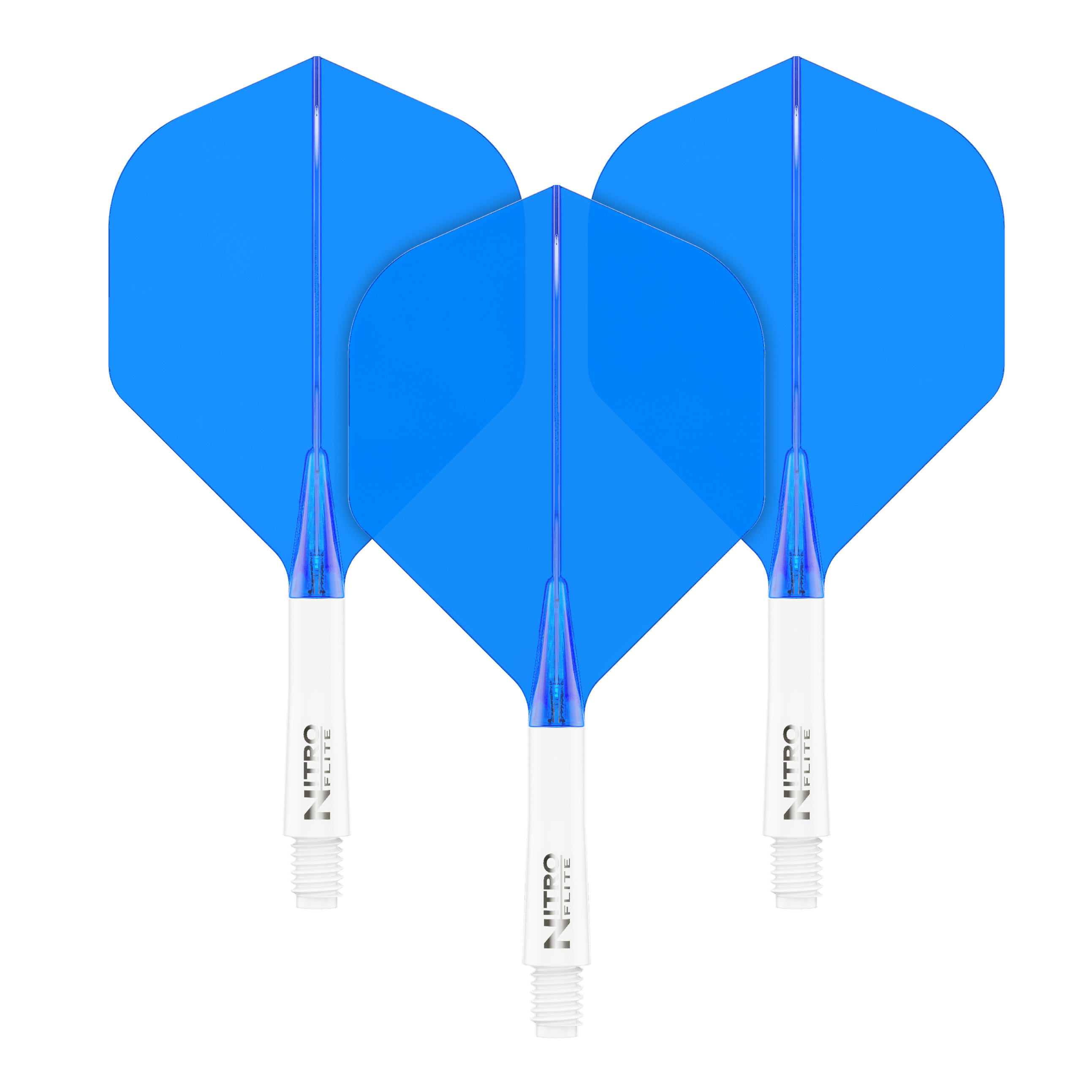 Red Dragon Nitroflite - Eje blanco, vuelos azules nº 2 Auf dem Bild sind drei blaue Dart-Flights mit weißen Schäften zu sehen. Sie stehen nebeneinander und haben die gleiche Größe und Form.