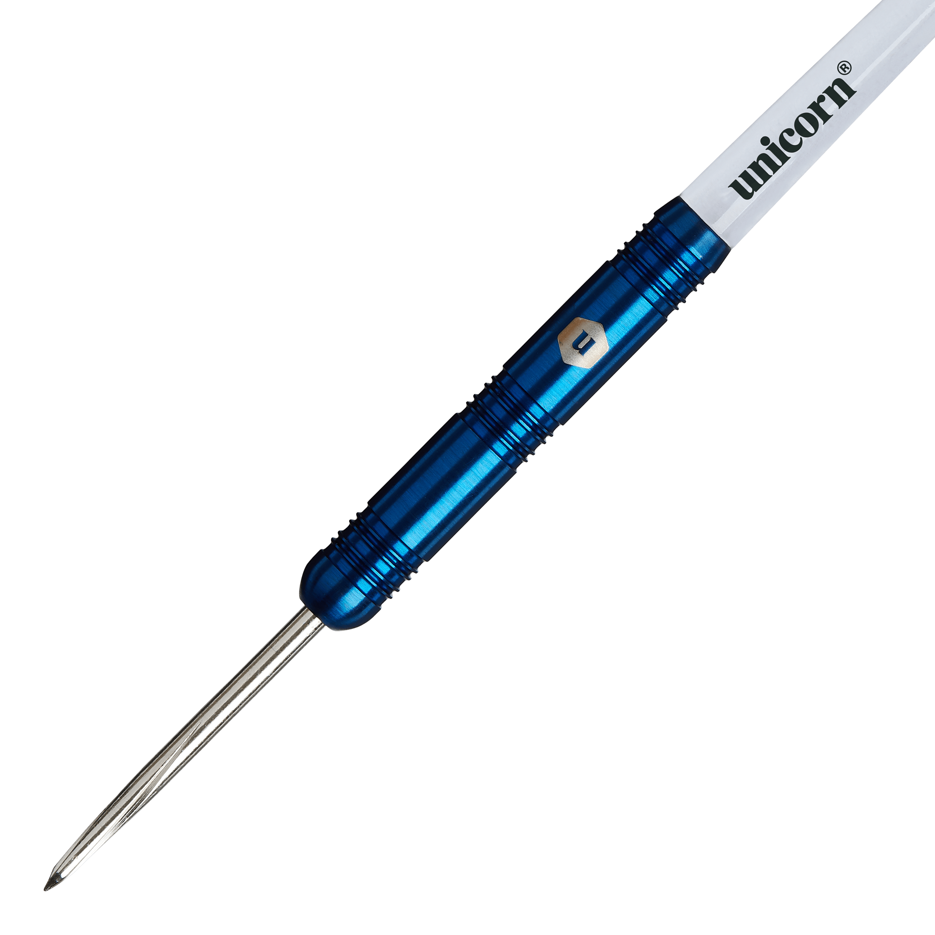 Dardos de acero paralelos Unicorn Prodigy 01 Auf dem Bild ist ein Steeldart der Marke „Unicorn Prodigy 01 Parallel“ zu sehen. Der Dart hat einen blauen Metallkörper und einen weißen Schaft mit dem Schriftzug „unicorn“.
