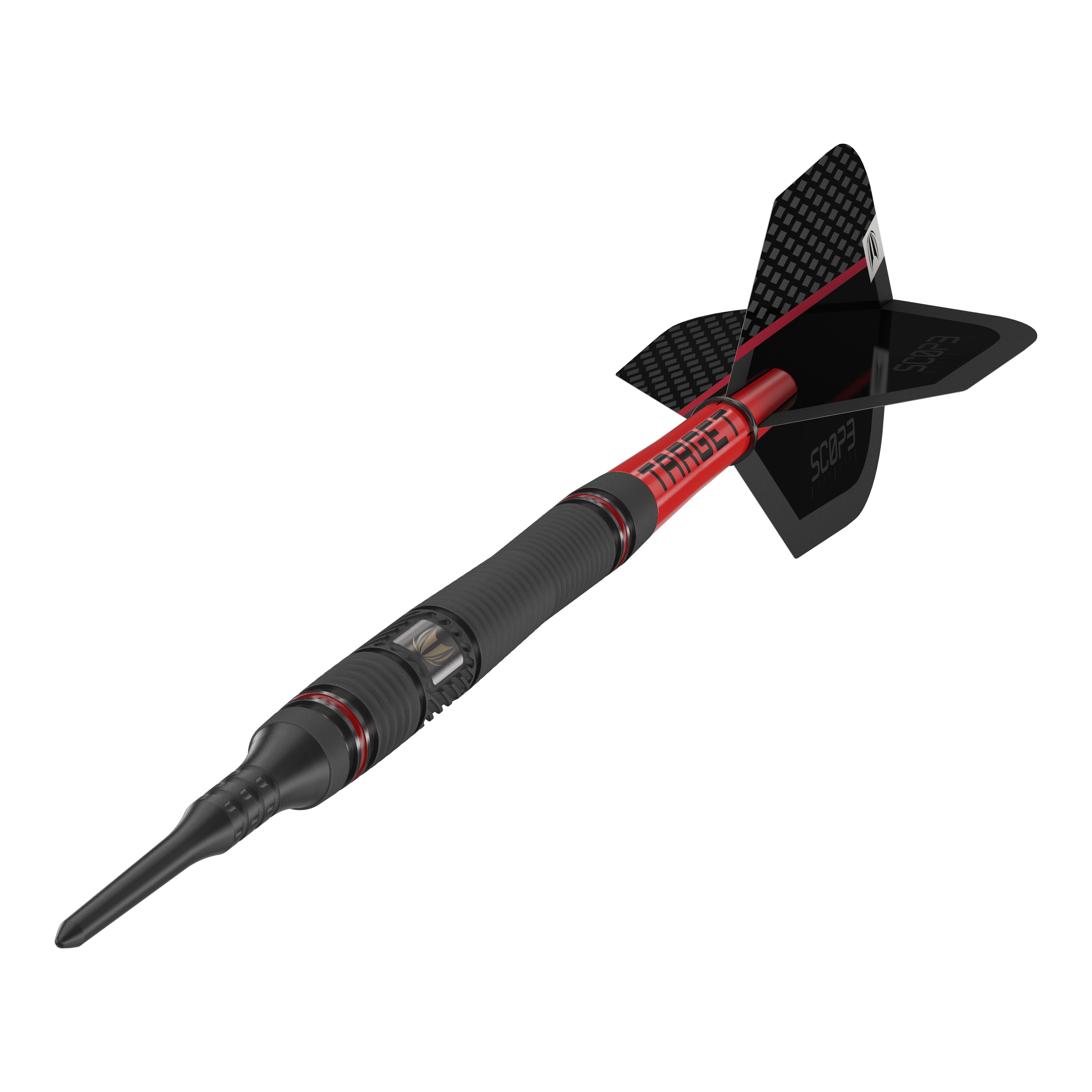 Dardos blandos Target Scope 11 Das Bild zeigt einen Target Scope 11 Softdart mit schwarzem und rotem Design. Der Dartpfeil hat eine schwarze Spitze und eine schwarze Flight-Fläche mit Schriftzug.