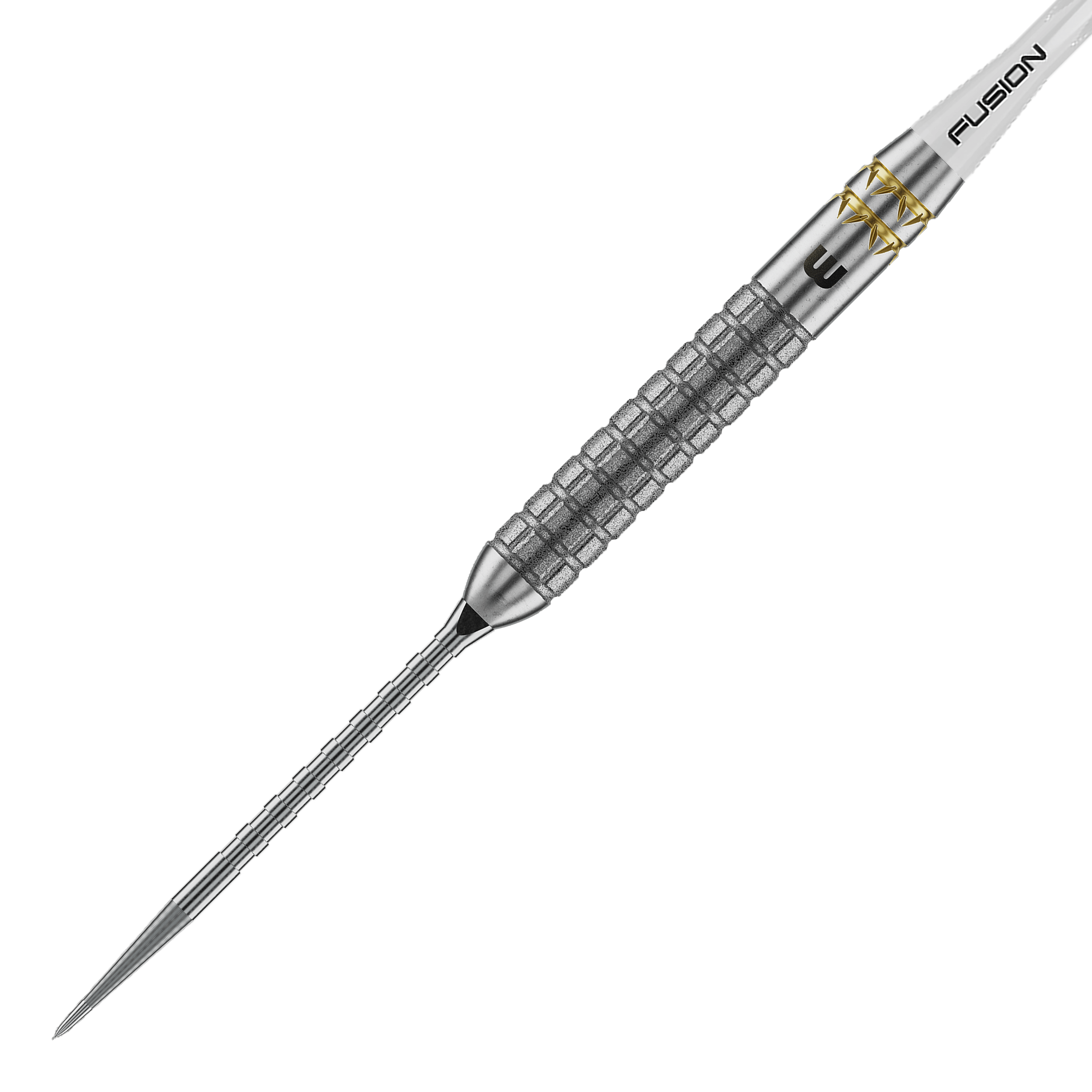 Winmau Gian Van Veen W-MAX Switch Point Steeldarts werden aus einer anderen Perspektive gezeigt. Die Darts liegen auf einer weißen Fläche.