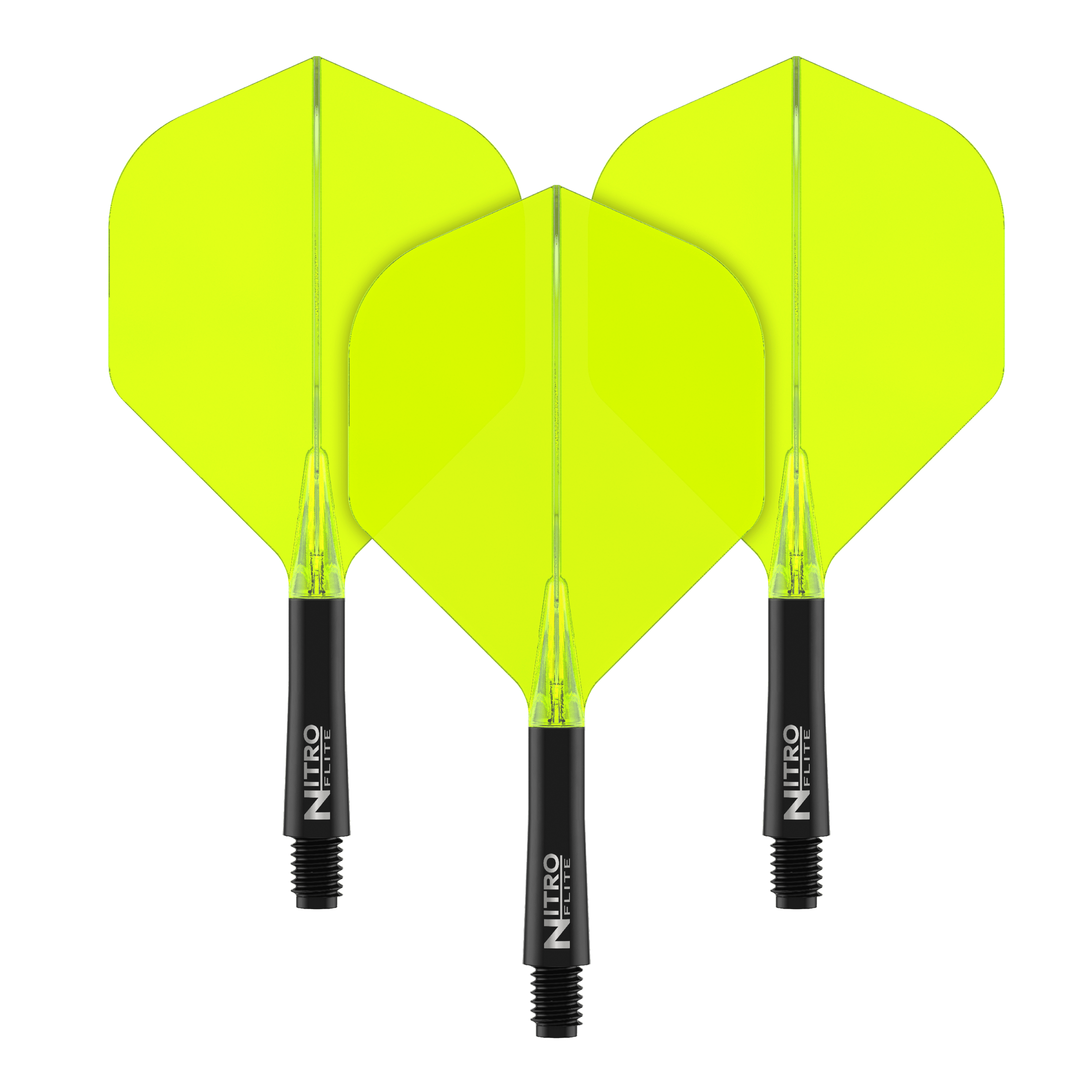 Auf dem Bild sind drei gelbe Dart-Flights mit schwarzen Schäften zu sehen. Auf den Schäften steht der Text "NITRO FLITE".