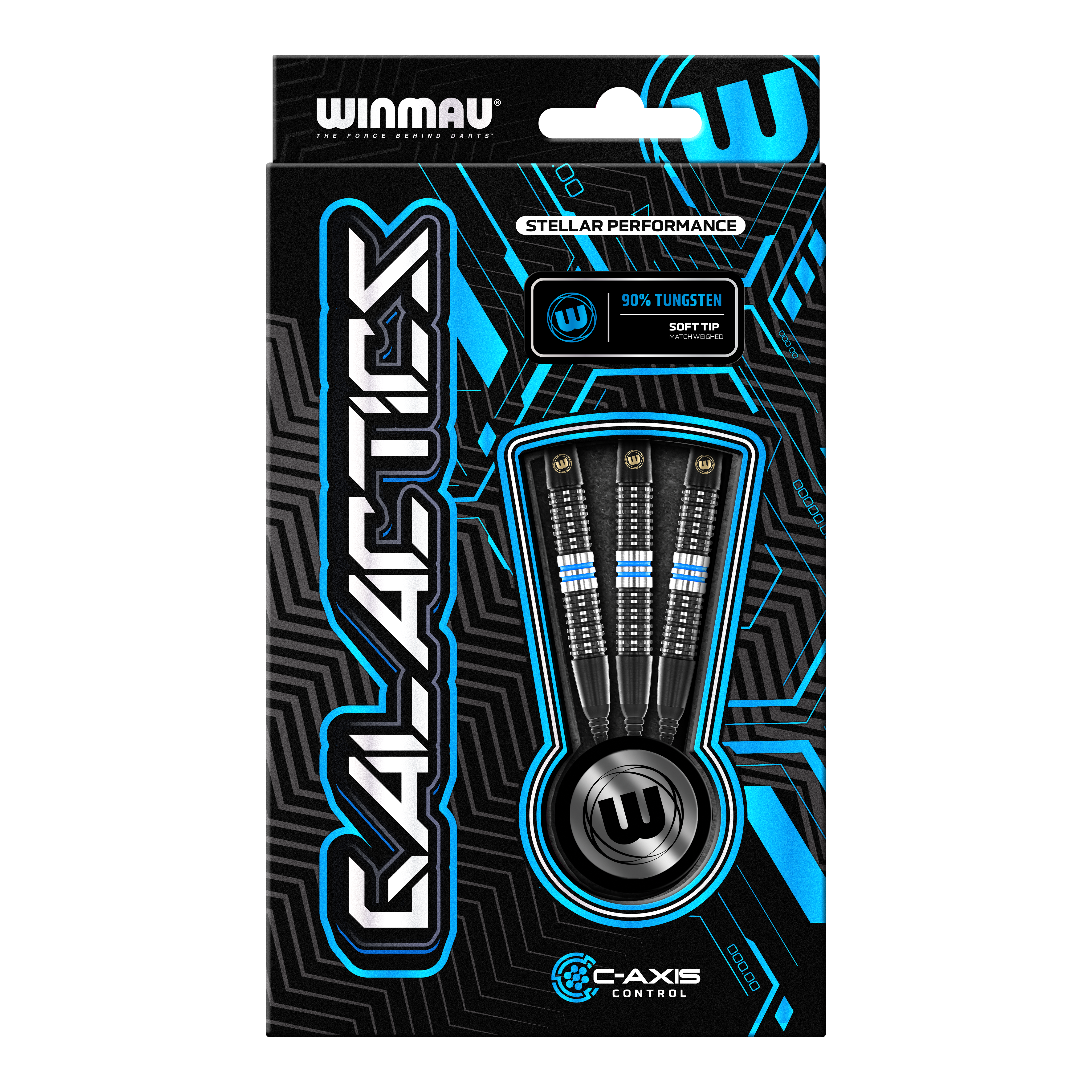 Dardos blandos Winmau Galactics - 20 g Die Abbildung zeigt eine Verpackung der "Winmau Galactics Softdarts - 20g". Das Design ist modern und hebt die wichtigsten Merkmale wie 90% Tungsten und Soft Tip hervor.