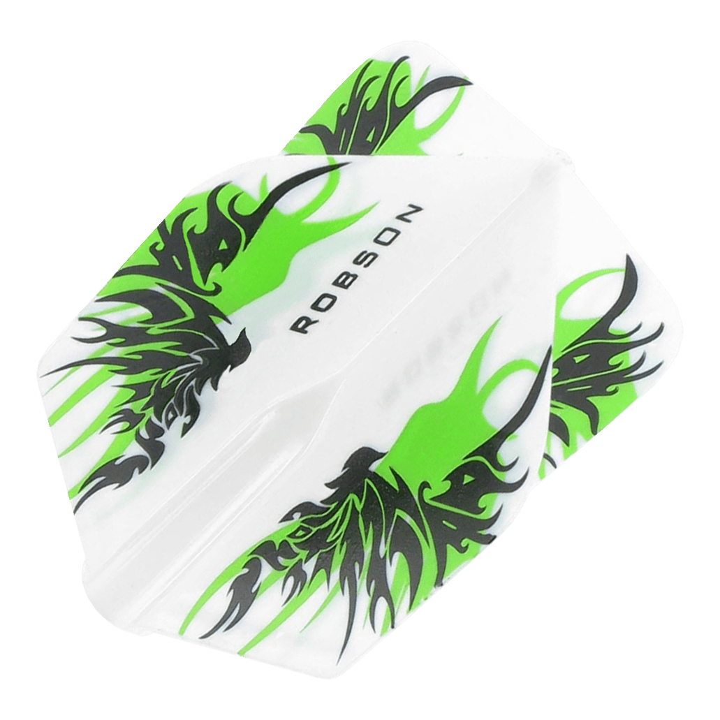 Robson Plus Flights Standard Finn White Das Bild zeigt die Robson Plus Flights Standard Finn White. Die Flights sind weiß mit einem auffälligen schwarzen und grünen Flammenmuster.