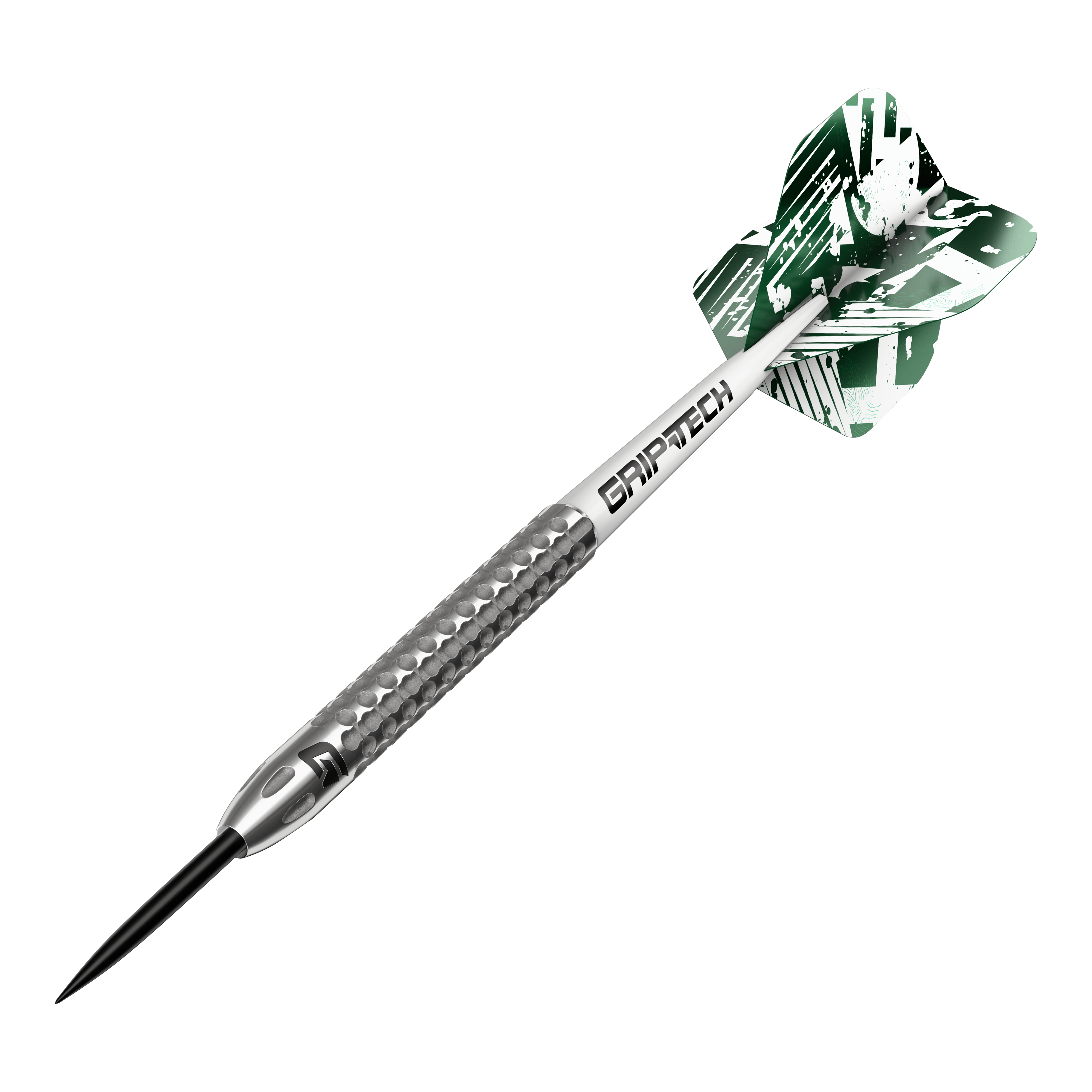 Dardos de acero de tungsteno GOAT Fairway V2 Das Bild zeigt einen GOAT Fairway V2 Tungsten Steeldart. Der Dartpfeil hat ein silbernes Griffstück mit strukturierter Oberfläche und grüne Flights mit weißem Muster.